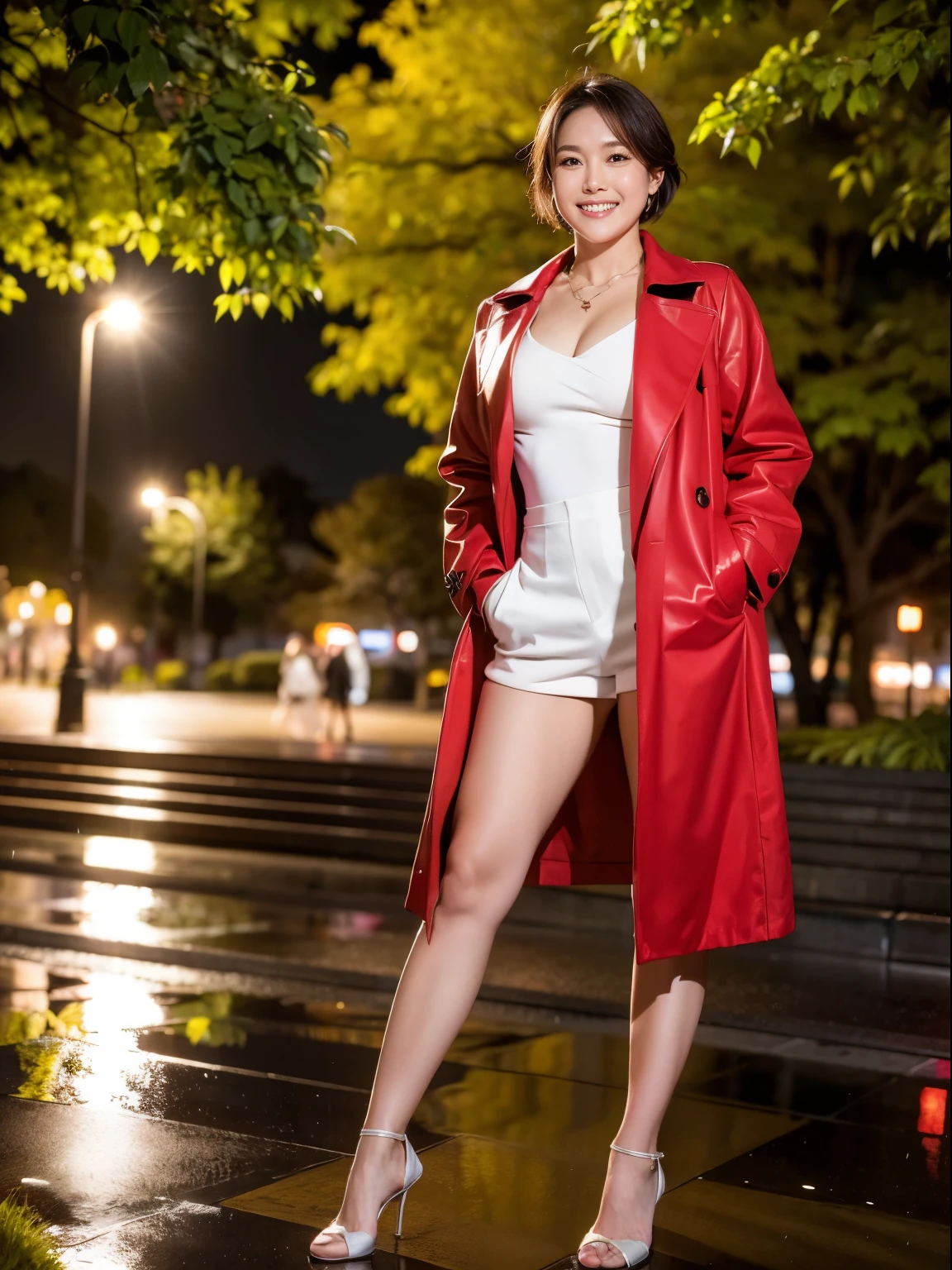 (Raw photo:1.2), (realistic:1.4),beautiful detailed woman,非常にfine eyesと顔, fine eyes, Super detailed,High resolution, very detailed,highest quality,enlightenment,unified,8k wallpaper,masterpiece,highest quality,1 female,alone,rich,Full body Esbian,(standard body shape:1.1)、(D cup breasts:1.1),(toned body shape),There'leg meat,slim waist,alone,(Wear a trench coat:1.6)、(Red Leotard:1.4)、(knee high boots:1.2),jewelry necklace short hair,gentle smile,dignified atmosphere,black eye,realistic,central park , (morning park:1.1)、(Are standing:1.2)