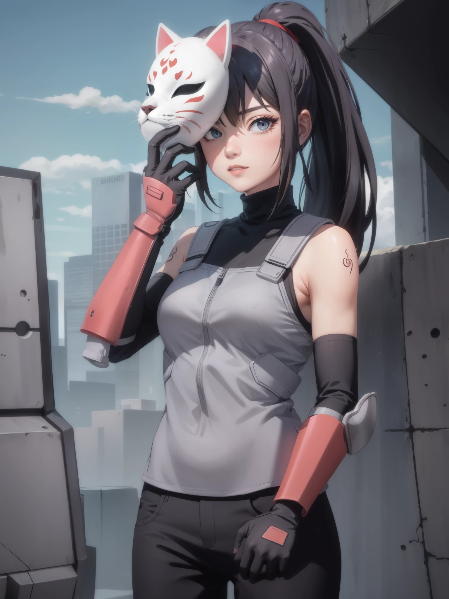 perfect eyes:1.2, detailed eyes:1.4, black hair, ponytail, very long hair, mask on hand, covering face, cat mask, grey armor:1.2, grey arm guards, black elbow gloves, black shirt, sleeveless, turtleneck, black pants, red arm tattoo, 1girl, solo, (masterpiece:1.6, best quality),