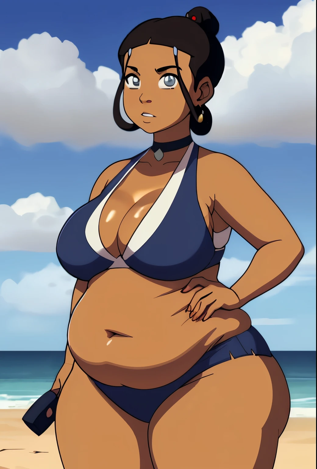 Masterpiece, best quality, 1girl, overweight, Katara, adult, chubby figure, lush cleavage, tanned skin, jewelry, looking at viewers, torso, beach background, sunshine, sky, cloud,(( long open black hair)), (((overweight))), chubby belly, wide hips, big breasts. water tribe bikini. fat. curvy. 