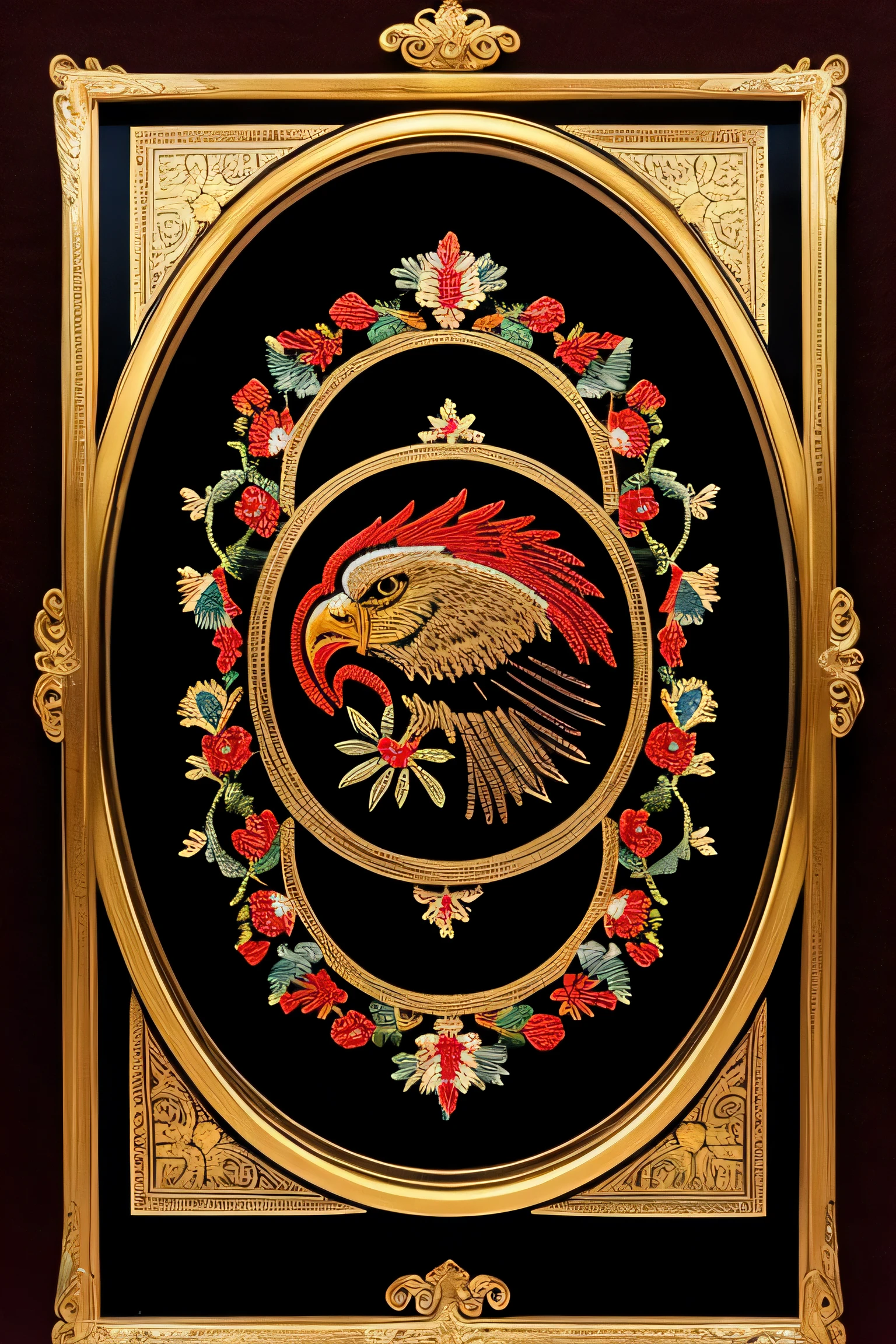 Simple embroidery with eagle, gold black brown and red Embroidery thread, black background, on embroidery frame
