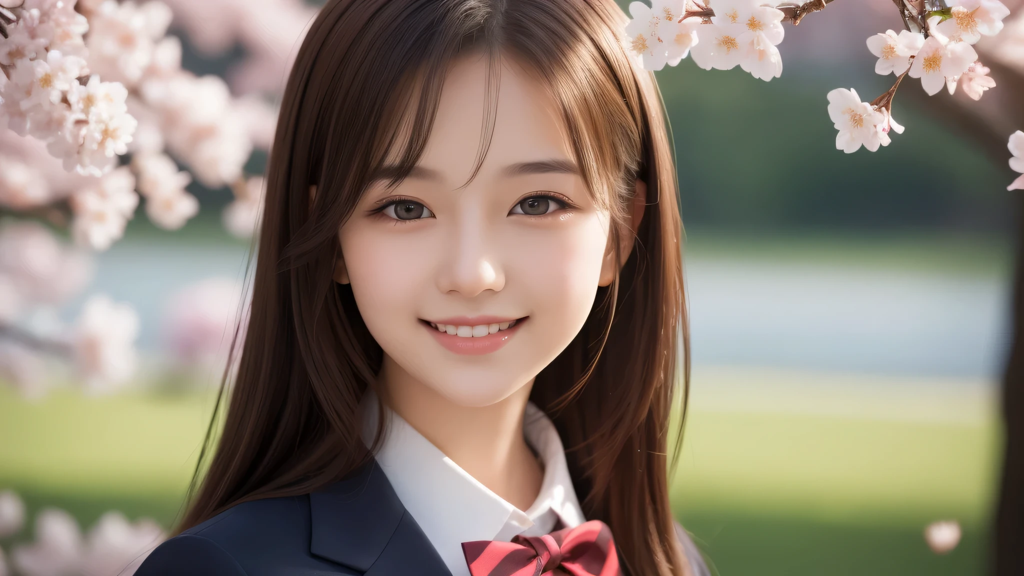 1girl, (long hair), cute smile, brown eyes, (highly detailed Beautiful face), (high school uniform:1.2), (Best Quality), (extremely detailed CG unified 8k wallpaper), Highly detailed, High-definition raw color photos, Professional Photography, Realistic portrait, evening, Extremely high resolution, smiling, cherry blossoms,