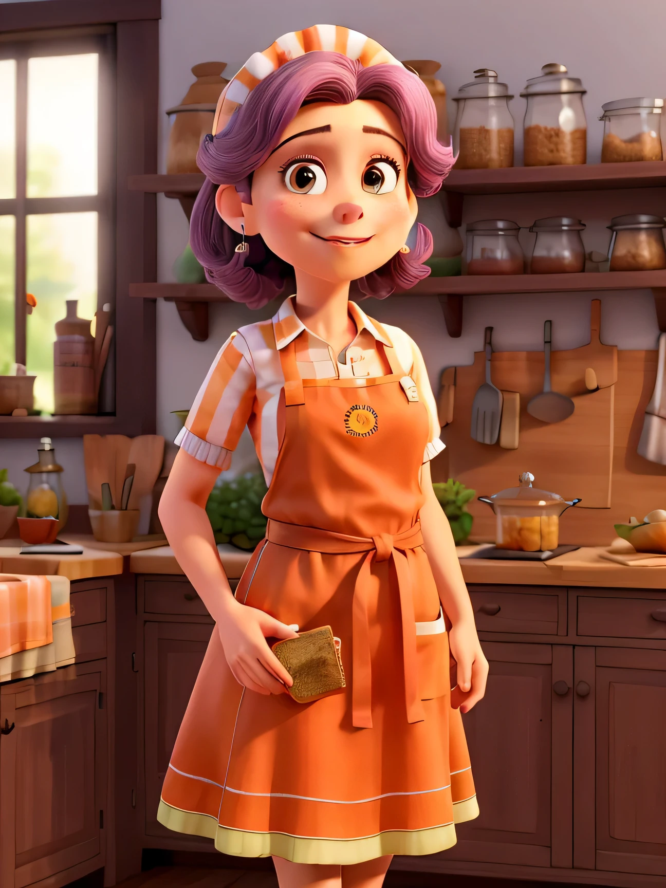 Obra-prima, de melhor qualidade, wearing a lilac apron and orange blouse, Standing in the kitchen with jars of jam and antipasti