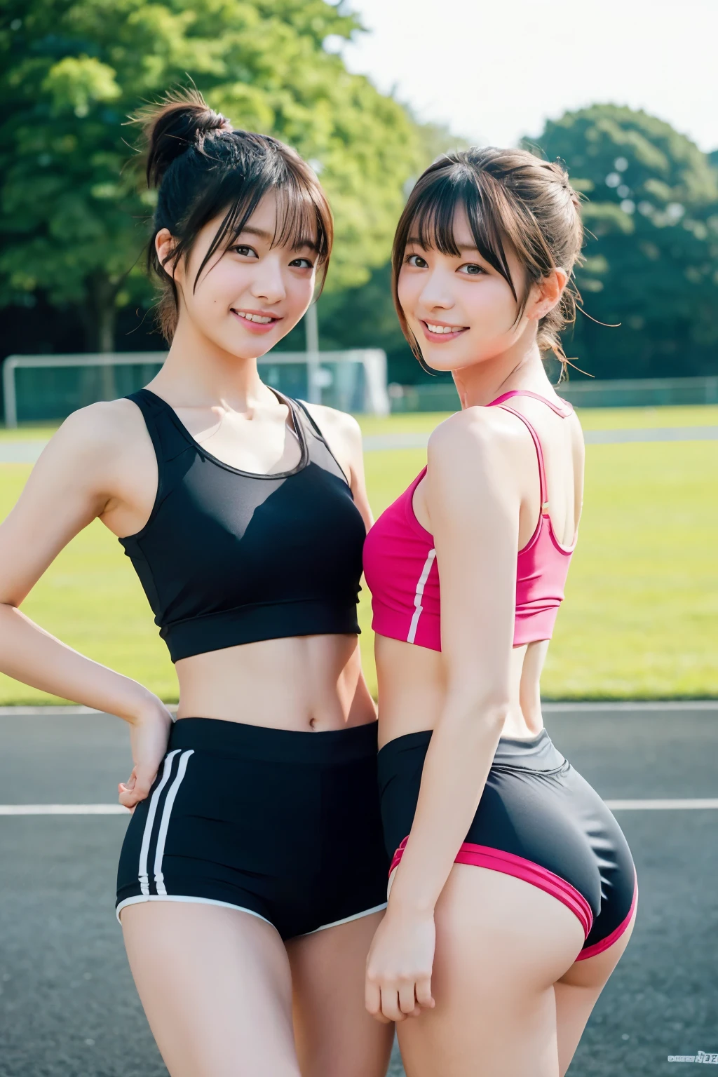 two girls at the track and field,wearing a track and field uniform、sports bra、beautiful butt、bloomers、Plump round butt,compression shorts,18-year-old,bangs,a little smile,thighs,knees,short cut hair,low ponytail,from below,front light