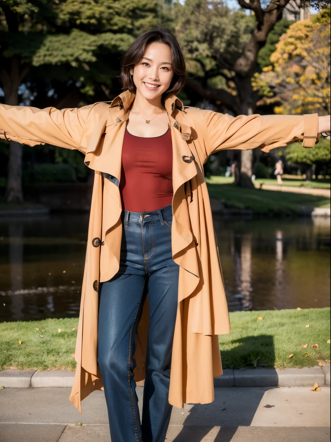 (Raw photo:1.2), (realistic:1.4),beautiful detailed woman,非常にfine eyesと顔, fine eyes, Super detailed,High resolution, very detailed,highest quality,enlightenment,unified,8k wallpaper,masterpiece,highest quality,1 female,alone,rich,Full body Esbian,(Slightly chubby body type:0.7),meaty legs,alone,(wearing a red leotard:2.0),(He wears his trench coat with the front open.:1.6)、(standing with arms spread horizontally:1.6)、(pantyhose:1.4)、(high heels:1.5)、jewelry, necklace ,short hair,gentle smile,dignified atmosphere,black eye,realistic,(Hibiya Park:1.5)、 (morning park:1.2)
