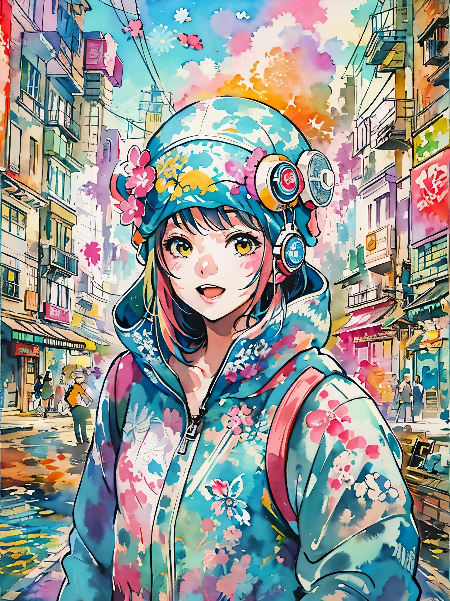 Akira Toriyama style、style、8K quality, Kawaii Design, intense watercolor, watercolor detailed art, watercolor splash, surreal, avant-garde pop art, Beautiful and expressive paintings, Beautiful artwork illustration, very colorful tones, wonderful, cool beauty, highest quality,official art, vector art,stylish design, (((pretty girl))), (((highest quality))), HDR, ((Detailed details)), (((graffiti art))), ((masterpiece))、((Super detailed))、(((Streets of futuristic cities)))