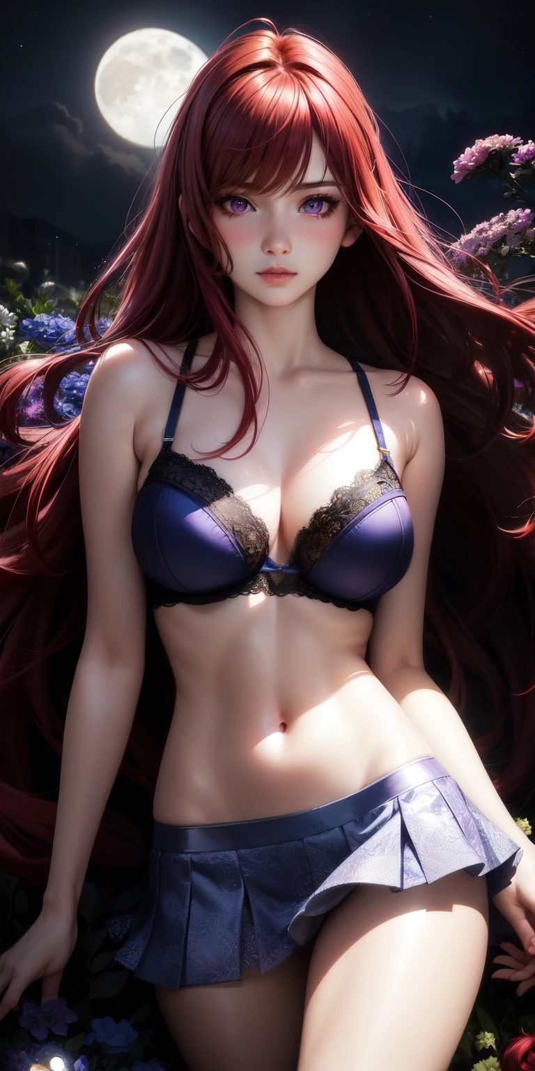 realistic, 2girl, red hair, purple eyes, glowing eyes, blue bra , mini skirt, fluffy lips, blush, night, flowers, moon, sunlight,