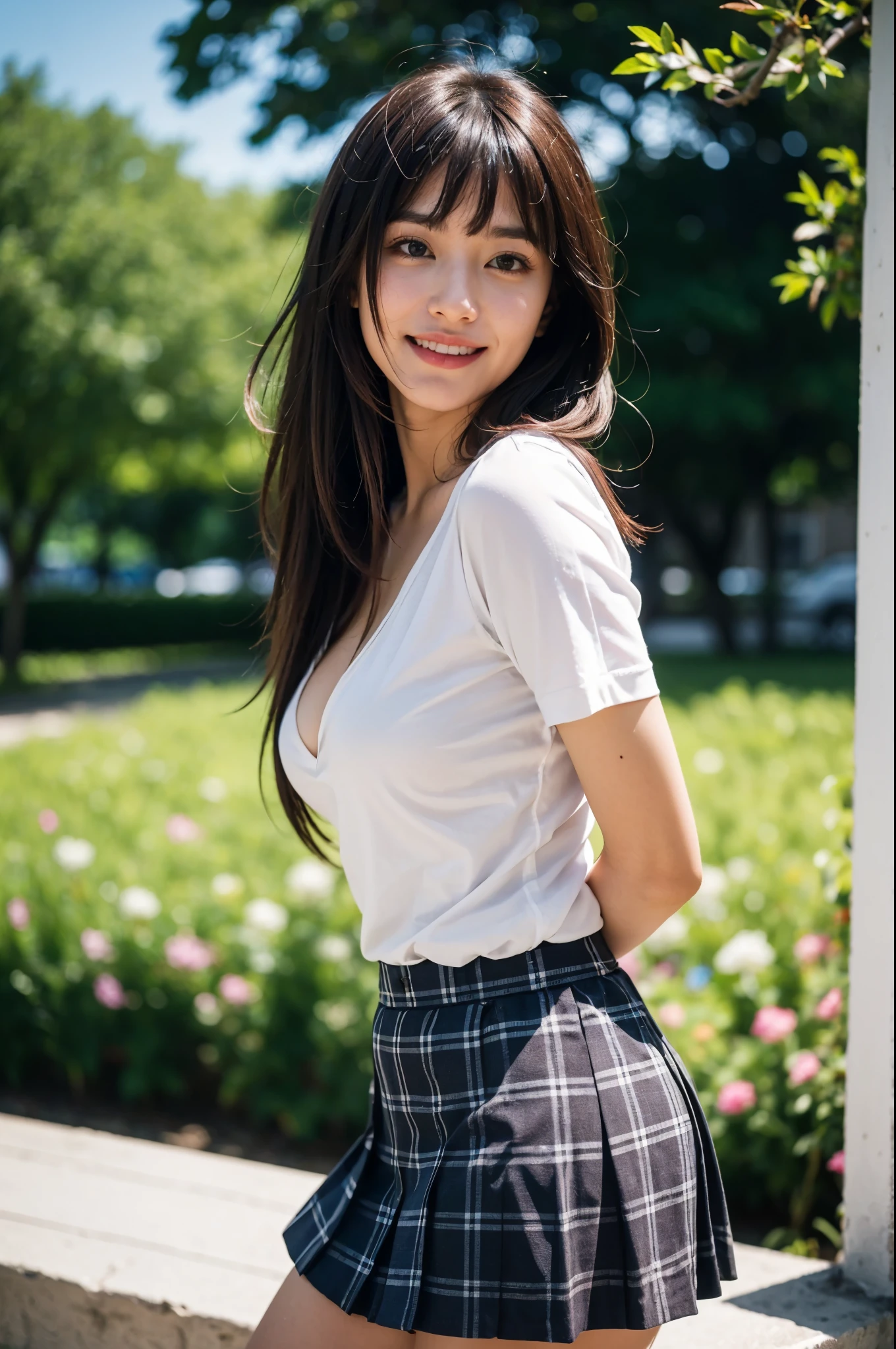 (highest quality, 8k, 32k), masterpiece, 超High resolution, (realistic: 1.4), RAW photo、masterpiece、very delicate and beautiful、light smile、highest quality、Super detailed、High resolution、very detailed、sexy pictures,1girl, big breasts, big breasts, black hair, bangs, long hair (long hair: 1.4),long hair, 19 years old, NSFW, NSFW, 8k RAW photo, highest quality, masterpiece, 超High resolution, film grain, movie, 1 girl, looking at the viewer, natural skin texture, Realistic eye and face details, full lips, lipstick, (compensate), red eyeshadow, fluffy short hair, messy hair, smile, close your mouth, beautiful foot, tall woman, skinny, slim_foot, alone, cleavage, buttを自分に向けたポーズ, super short skirt, butt, shirt, beautiful natural location, around flowers location, (detailed background), plaid skirt, white shirt, cleavage, Show a little cleavage through the shirt, loafers, blurry background, blurry, holding, plaid, short sleeve, jk ribbon on the neck, jk ribbon, brown hair, bracelet, water, bangs, , jewelry, parted lips, lips, From the side, pleated skirt, flipping up the skirt by oneself, Panties are slightly visible, I can see white panties, Depth of the bounds written, beautiful fingers, beautiful hands, fingertip, nail, arms behind back,