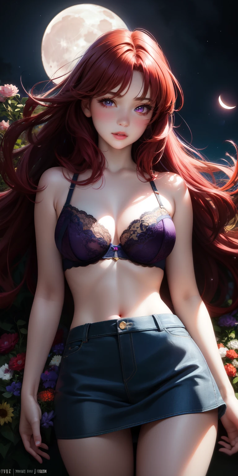 realistic, 2girl, red hair, purple eyes, glowing eyes, blue bra , mini skirt, fluffy lips, blush, night, flowers, moon, sunlight,