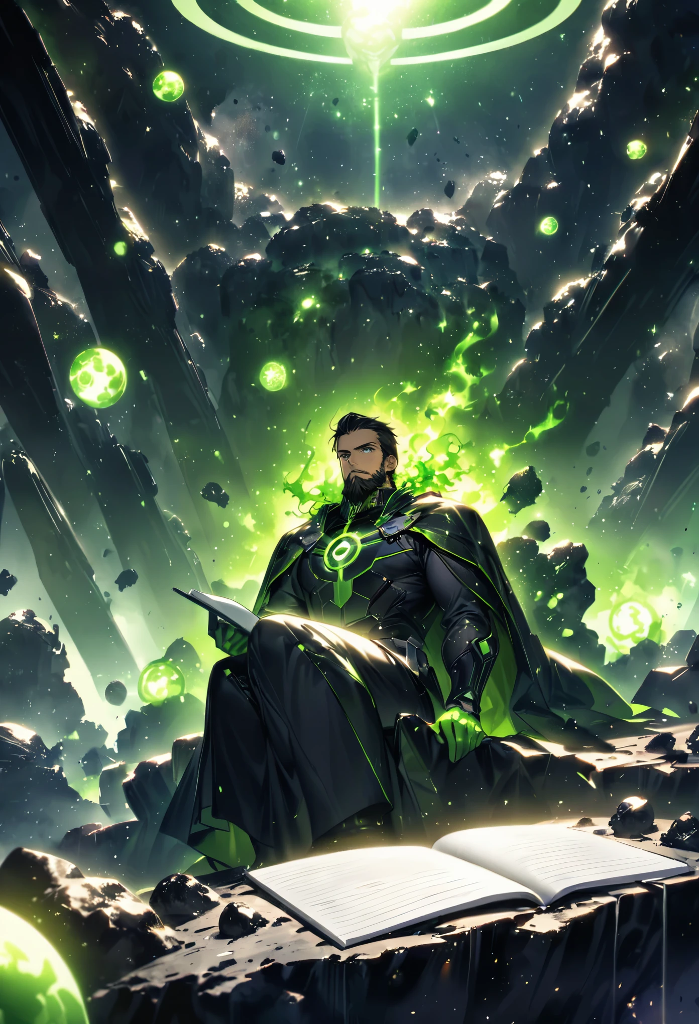 Green Lantern sits on a research platform floating in the middle of the asteroid belt. He studies with a notebook, Surrounded by several asteroids with fiery rings. Dramatic lights from distant stars and planets illuminate the scene, casting deep shadows on the costume. This young man looks confident and determined, Look at the vast and mysterious universe with wonder and respect, beard, Cowboy shooting,