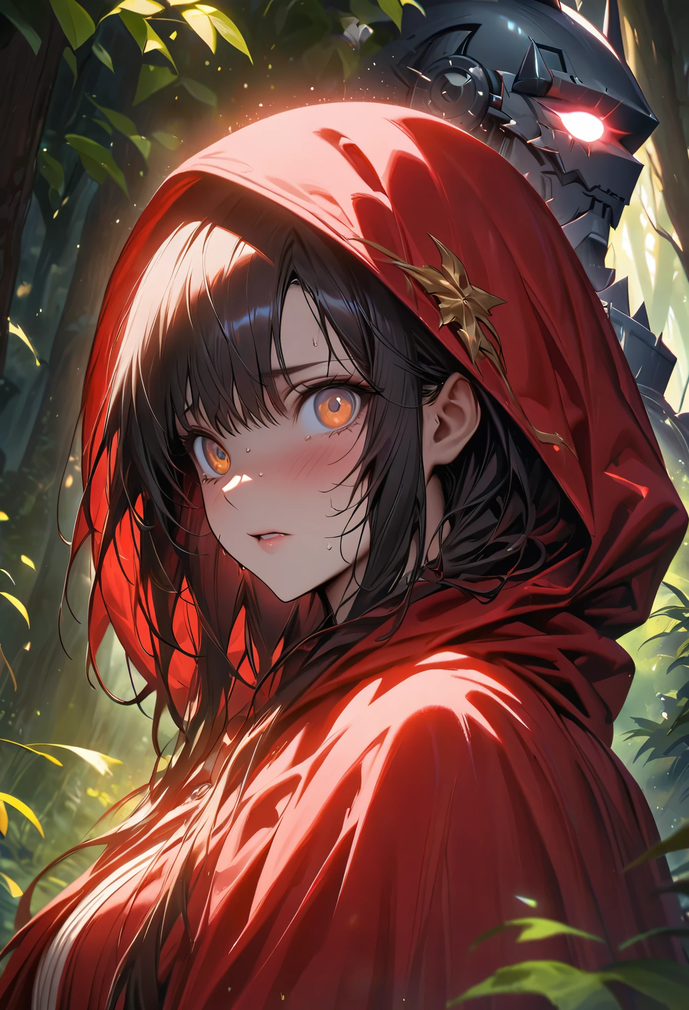 Close-up portrait of NewLaraCroft in the forest, (backlight), actual, masterpiece, best quality, ((red hooded cloak)), ((scared )), lens flare, shadow, bloom, (( flash)), [Color difference], go through Jeremy Lipking, go through Antonio J. manzanedo, go through (Alphonse Mucha), number