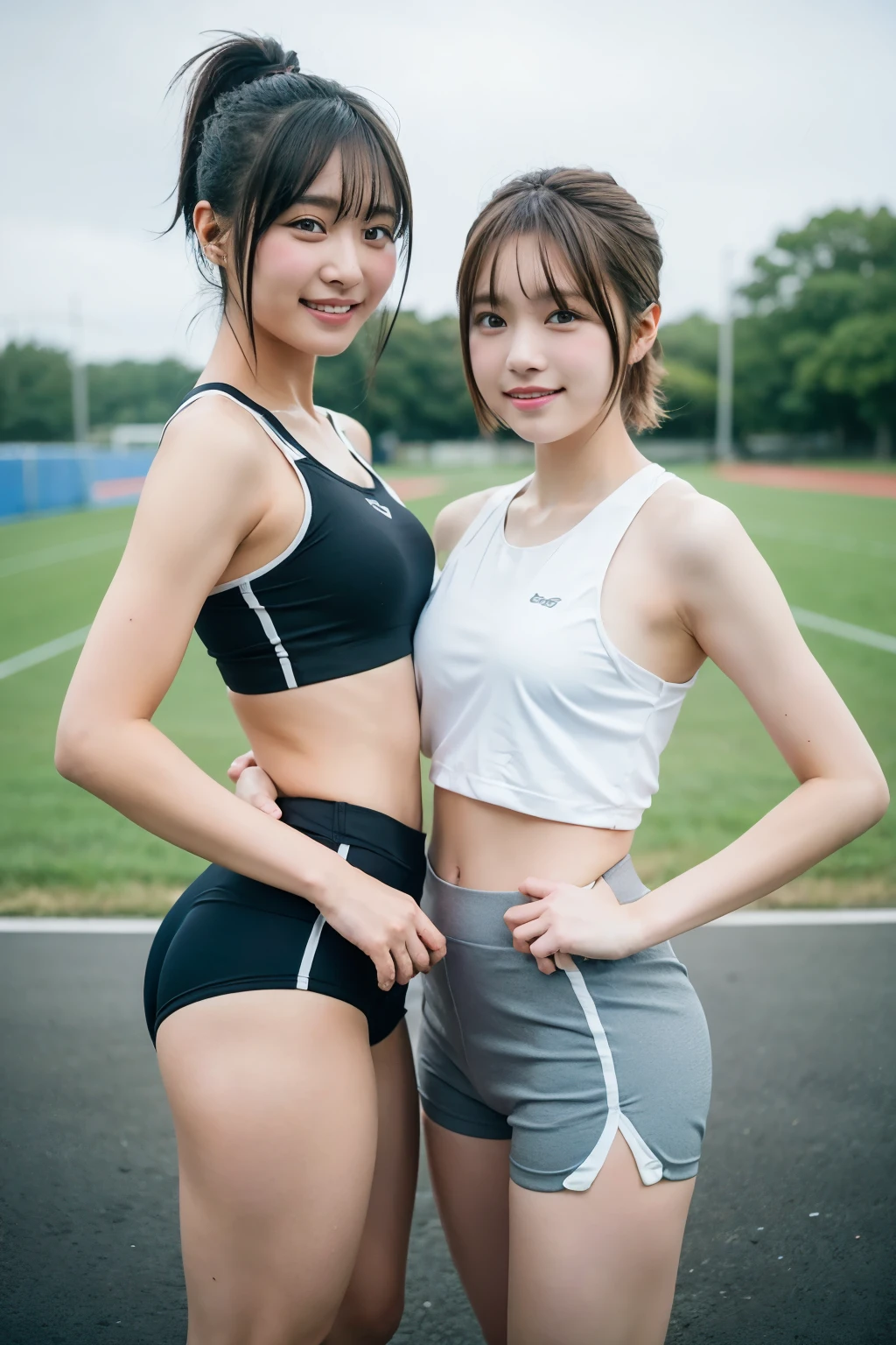 two girls at the track and field,wearing a track and field uniform、sports bra、beautiful butt、bloomers、Plump round butt,compression shorts,18-year-old,bangs,a little smile,thighs,knees,short cut hair,low ponytail,from below,front light