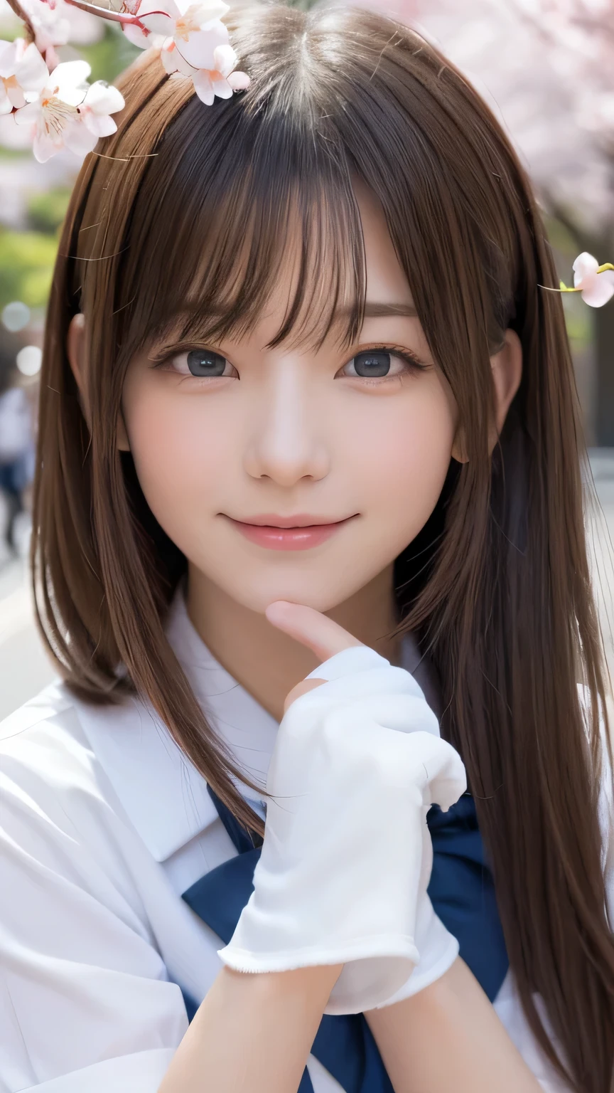 one girl, (a beauty girl, delicate girl:1.3), (14 years old:1.3),
break, (spring, cute uniform:1.3),
break, (Street view:1.3), (cherry blossoms fall:1.3), (wool gloves), perfectly trimmed fingers,
break, very fine resolution, (symmetrical eyes:1.3),
break, small breasts, brown eyes, parted bangs, brown hair, girl,
break, (Eye and face details:1.0), (get closer to the face, enlarge the face, face focus:1.0),close up of face,
break, (masterpiece, highest quality, Super detailed, detailed face, 8K),SakuraFubuki,cherry blossom petals,smile,random pose、blue eyes、white gloves,ponytail、SakuraFubuki、gloves、Bye Bye Pose