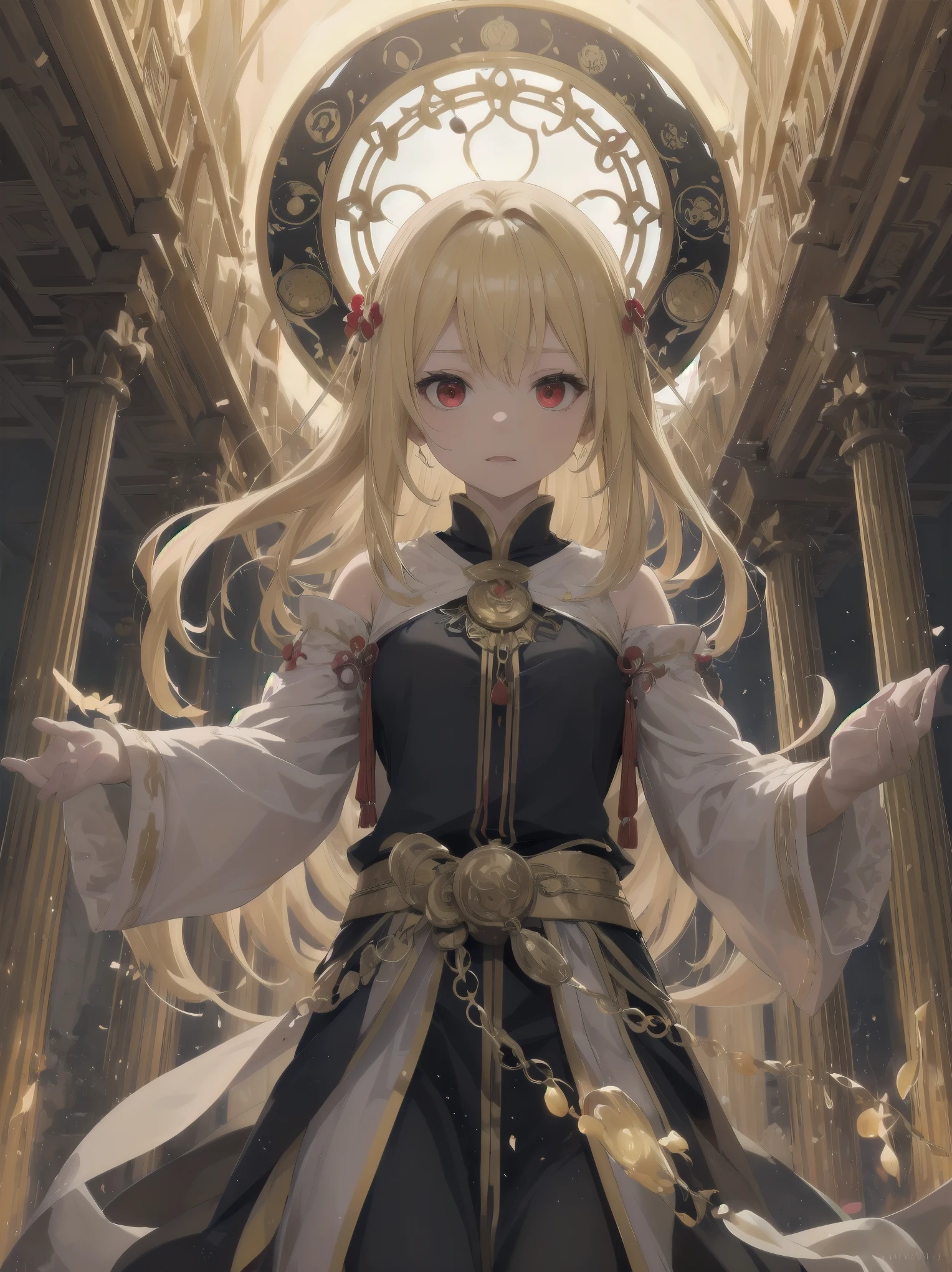 Subject: witches.
Subtitle: blonde hair, red eyes, noble, magical genius, outlandish scenes, concrete, background descriptions super-detailed and powerful, magical chanting fantastic.
Scene 1.
A blonde-haired, red-eyed witch begins an intricate magic chant in the centre of an ancient temple, maintaining a noble posture. Her voice echoes throughout the temple as a fantastic melody, and ancient letters on the stone walls glow in response to her voice. The magical energy summoned by the chanting swirls around her as she floats in the air, glowing with a mysterious light and preparing to release her unknown powers.
