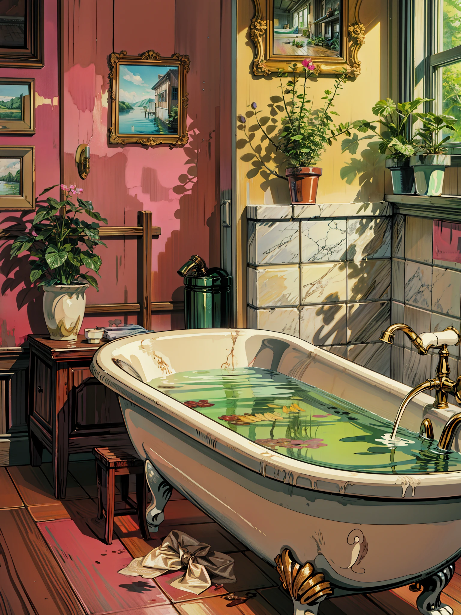 a bathroom with a bathtub and a potted plant, bathtub, cute room, pink water in a large bath, sweet night ambient, interior of a bathroom, relaxing calm vibes, inspired by Edward Okuń, painting of a room, sad lonely mellow vibes, lofi aesthetic, cozy room, cozy wallpaper, cozy place, lofi album art, cozy atmospheric, 4k hd,, beautiful art uhd 4 k, a beautiful artwork illustration, beautiful digital painting, highly detailed digital painting, beautiful digital artwork, detailed painting 4 k, very detailed digital painting, rich picturesque colors, gorgeous digital painting, no human