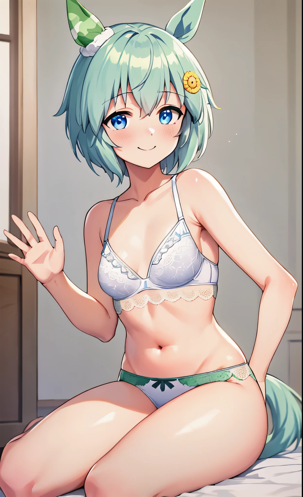 Seiun Sky\(Umamusume\), super detailed face, masterpiece, highest quality, light smile, wave hands, ((super detailed face)), slender girl, whole body, (((In underwear))),horse tail,blush, fine and clear eyes, frontage,)(small breasts),bra,panties