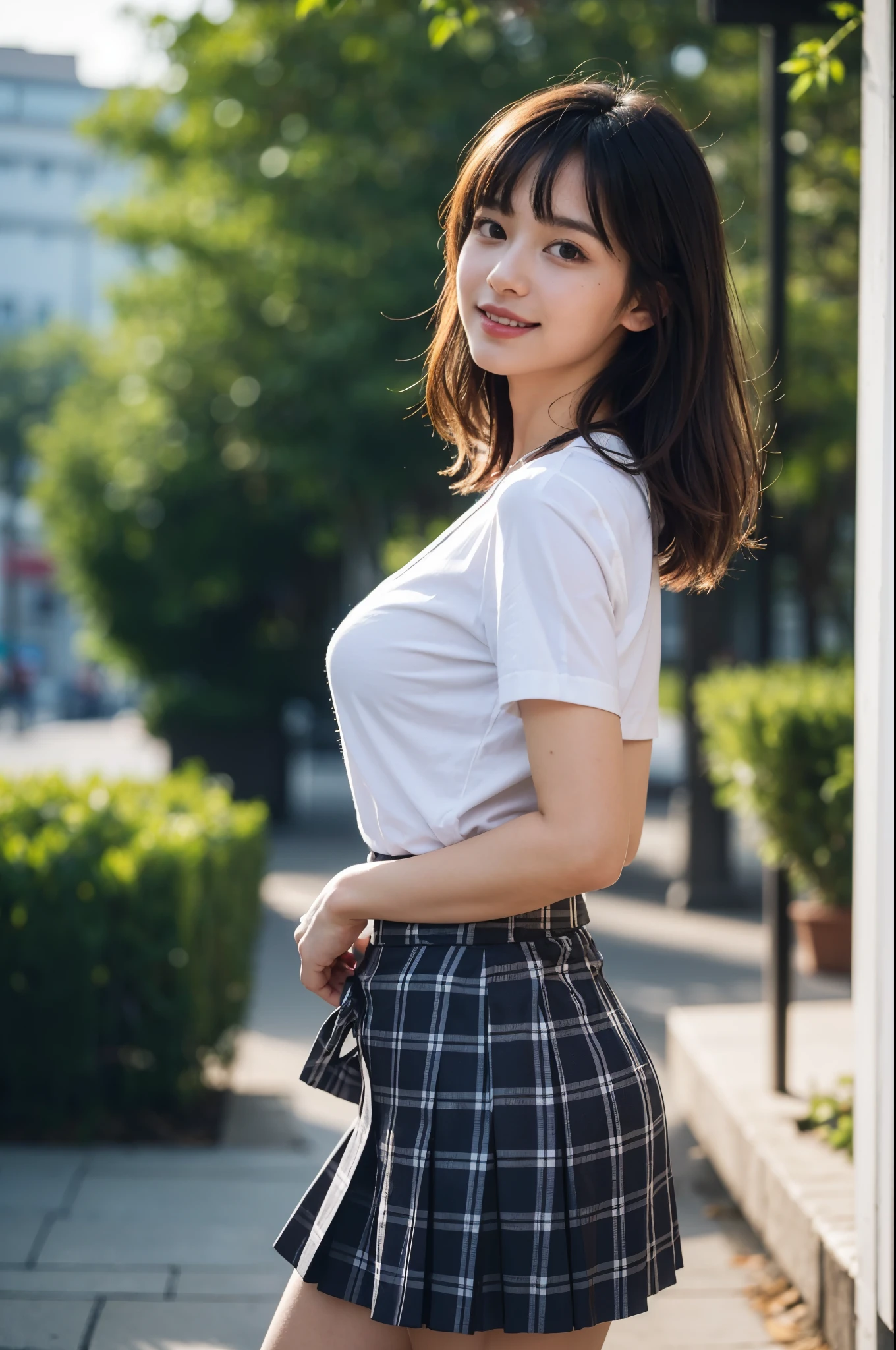 (highest quality, 8k, 32k), masterpiece, 超High resolution, (realistic: 1.4), RAW photo、masterpiece、very delicate and beautiful、light smile、highest quality、Super detailed、High resolution、very detailed、sexy pictures,1girl, big breasts, big breasts, black hair, bangs, long hair,long hair, 19 years old, NSFW, RAW photo, highest quality, masterpiece, 超High resolution, film grain, movie, 1 girl, looking at the viewer, natural skin texture, Realistic eye and face details, full lips, lipstick, (compensate), red eyeshadow, fluffy short hair, messy hair, smile, close your mouth, beautiful foot, tall woman, skinny, slim_foot, alone, cleavage, buttを自分に向けたポーズ, super short skirt, butt, shirt, beautiful natural location, around flowers location, (detailed background), plaid skirt, white shirt, cleavage, Show a little cleavage through the shirt, loafers, blurry background, blurry, holding, plaid, short sleeve, jk ribbon on the neck, jk ribbon, bracelet, water, bangs, jewelry, parted lips, lips, From the side, pleated skirt, (flipping up the skirt by oneself:1.4), (Panties are slightly visible:1.4), I can see white panties, Depth of the bounds written, beautiful fingers, beautiful hands, fingertip, nail, arms behind back,