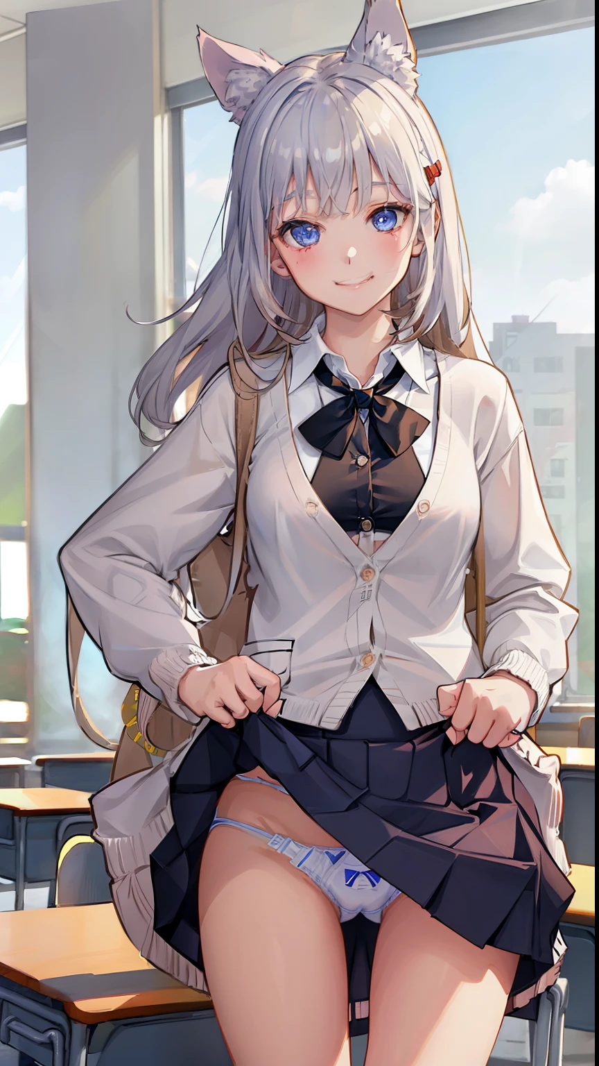 ((1 girl:1.5))、(smile:1.5)、、(cowboy shot)、(fun!!)、(white cardigan:1.5)、(dog ears)、(silver hair)、blush、(long hair)、(eye highlights:1.3)、blake black shoes,(黒いskirt:1.5)、bow, button, shirt with collar, long sleeve, ((red bow tie, ,, white shirt, チェック柄のskirt:1.5、white socks)),, shirt,, skirt, socks, thighs, white shirt, Rest indoors, ((classroom:1.5))、 BREAK while watching the audience、 (perfect hands, perfect anatomy),cowboy shot、(skirtlift:1.3),(highly detailed white panties:1.3)、(highly detailed panties:1.3)、、(skirt that rolls up:1.3)、(fully exposed panties:1.5)、light blue eyes