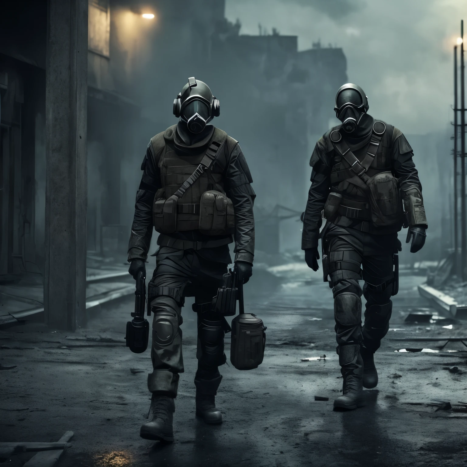 there is a man in a gas mask holding a knife and a knife, post - apocalyptic scavenger, soldier with a gasmask, wearing apocalyptic clothes, in a post apocalyptic setting, post - apocalyptic vibe, post - apocalyptic style, in a post-apocalyptic wasteland, person wearing gas mask, postapocalyptic explorer, bleak apocalyptic style, postapocalyptic vibes