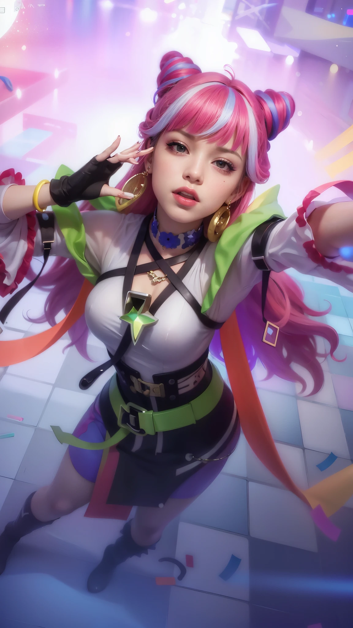(8k, RAW photo, photorealistic:1.25) , red lipgloss, eyelashes, best quality, ultra highres, depth of field, chromatic aberration, caustics, Broad lighting, natural shading, ultra detailed texture, hyper realistic, detailed texture, detailed face, detailed skin, detailed hair, real hair, detail eyes, cinematic background, smile happy, a close up of a famele with pink hair and a colorful outfit, ig model | artgerm, extremely detailed artgerm, style artgerm, kda, rossdraws cartoon vibrant, 8k artgerm bokeh, artgerm lau, style of artgerm, ! dream artgerm, artwork in the style of guweiz