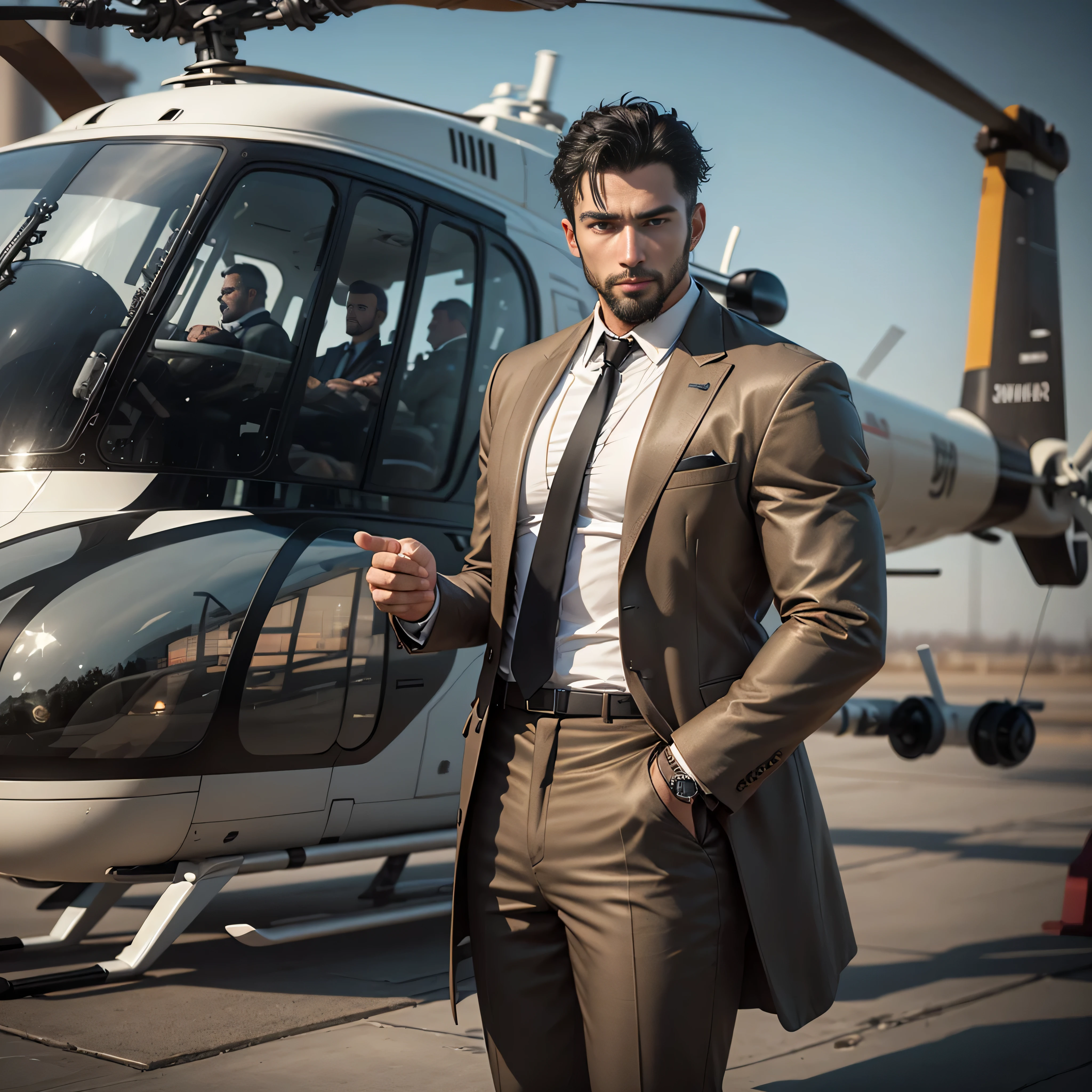 35yr. old Handsome man with a gotee, black hair, black suit, black pants, brown Trenchcoat, on a helipad next to a helicopter, photo-realistic, octane render, unreal engine, ultra-realistic