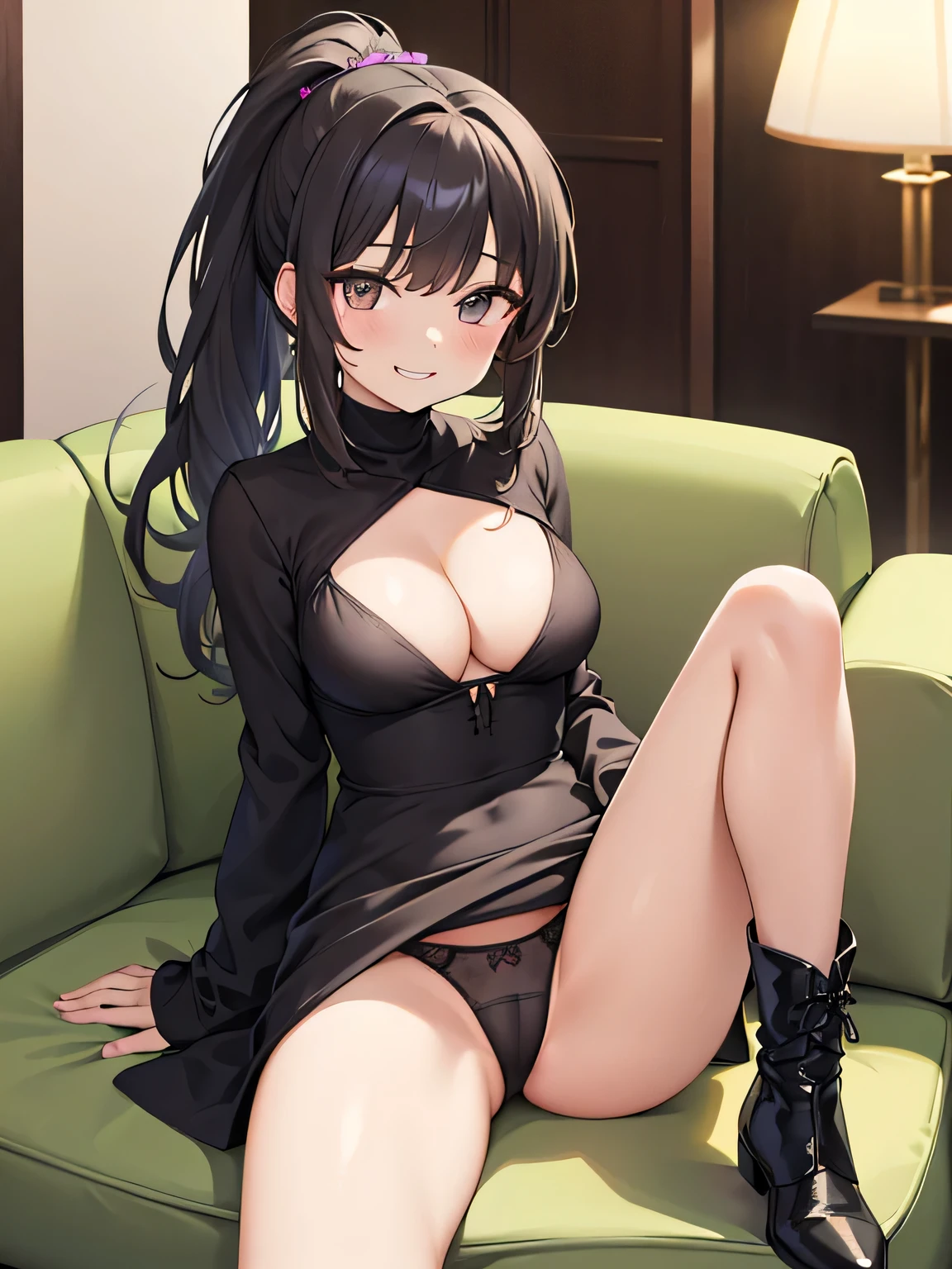 (masterpiece、highest quality、High resolution、realistic pictures、real looking skin:1.1)、
(A woman is sitting on a sofa in a hotel lobby:1.8)、
(The length of the dress is so short that you can almost see her panties.:1.8)、
(looking at her from the front:1.8)、
(She has a provocative and grinning expression:1.8)、
(She is wearing a gray-beige long-sleeved turtleneck mini dress.:1.8)、
(There is a gap around the ????? of that dress and you can see her cleavage.:1.8)、
(I am wearing black middle boots.:1.8)、
(The panties are purple and have a pattern on them.:1.5)、
(Bra and panties are always included:1.5)、
(brown medium ponytail:1.5)、
(small face:1.5)、
(she is 25 years old:1.5)、
(Her ??????? are D cup, so you can see her cleavage through the gap between her ???????.:1.5)、
(Location: Hotel lobby sofa:1.5)、
1 Japanese girl、solo、full body esbian、beautiful eyes、shining eyes、Shining thighs、????