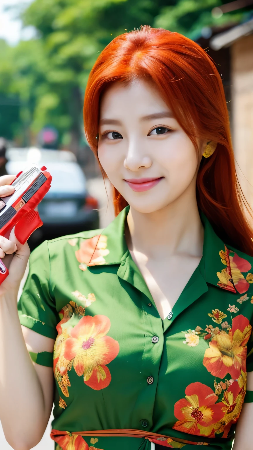 Close-up shot of beautiful korean female, 36 inch breasts size, red hair, slightly smile, wearing green floral shirt, holding water gun, in the village, UHD