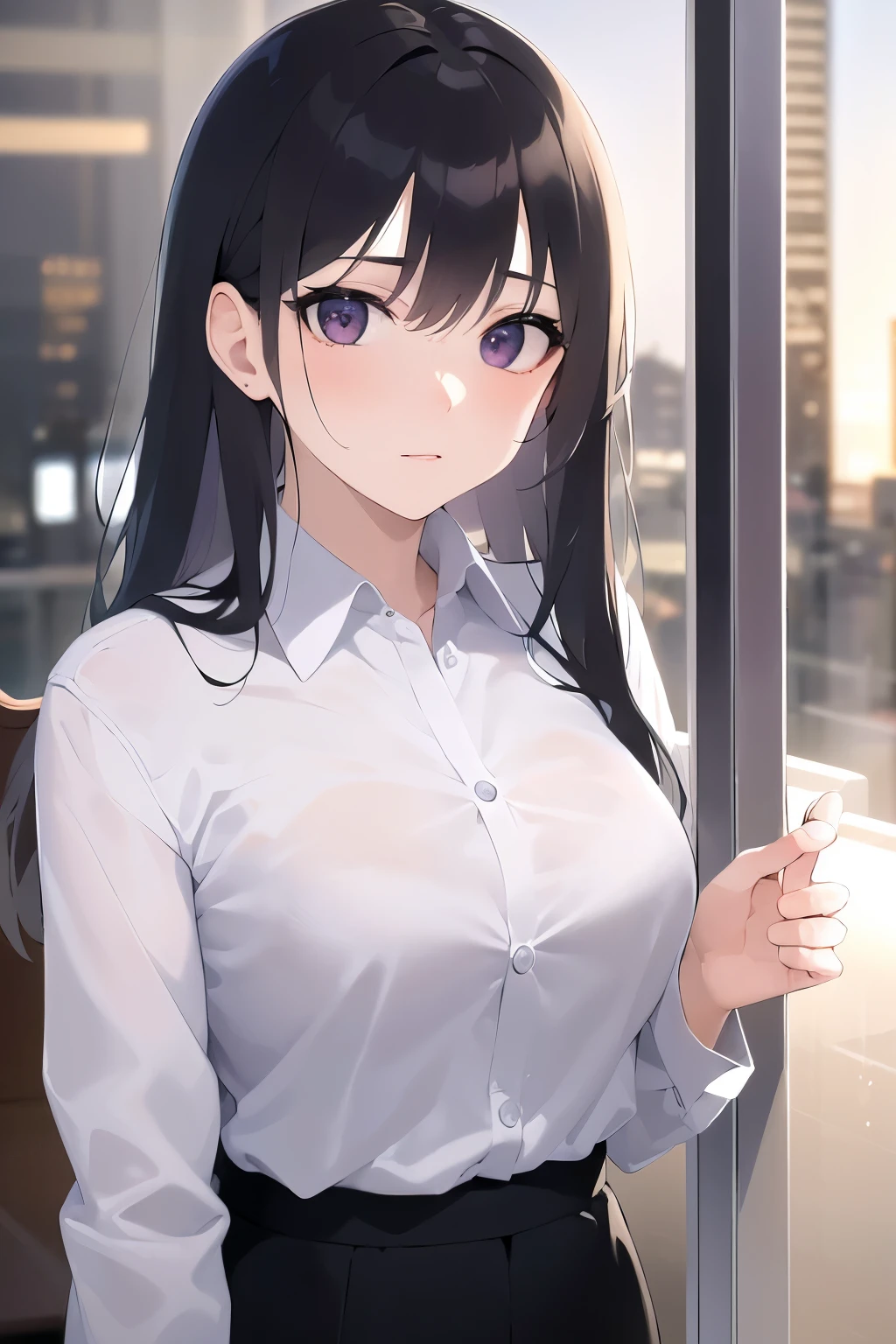 Biologically correct five fingers、hand on own cheek, Upper Body, Realistic, real person, (pale skin: 1.2), RAW photo, photorealistic, portrait photography, shiny skin, japanese idol、shiny hair、(25 year old woman with straight medium hair with bangs) and (black hair) and (purple eyes) , (business suit:1.5) and (white collared shirt) and (long sleeve) 、sad, The background is a company conference room、Alone、Are standing