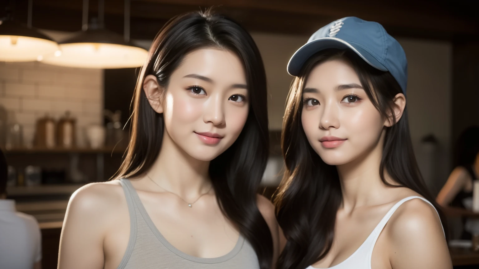 8K, masterpiece, highest quality, photo-realistic, Super detailed, 2 girls, Asian, sports body, wearing a cap,realistic skin texture, 1 girl long hair, 1 girl with short hair, (chest:1.0), (smile:0.9), look at the viewer, Tube top, movie lighting, face focus, fine eyes, detailed face, bright face, dawn, Inside the cafe,
