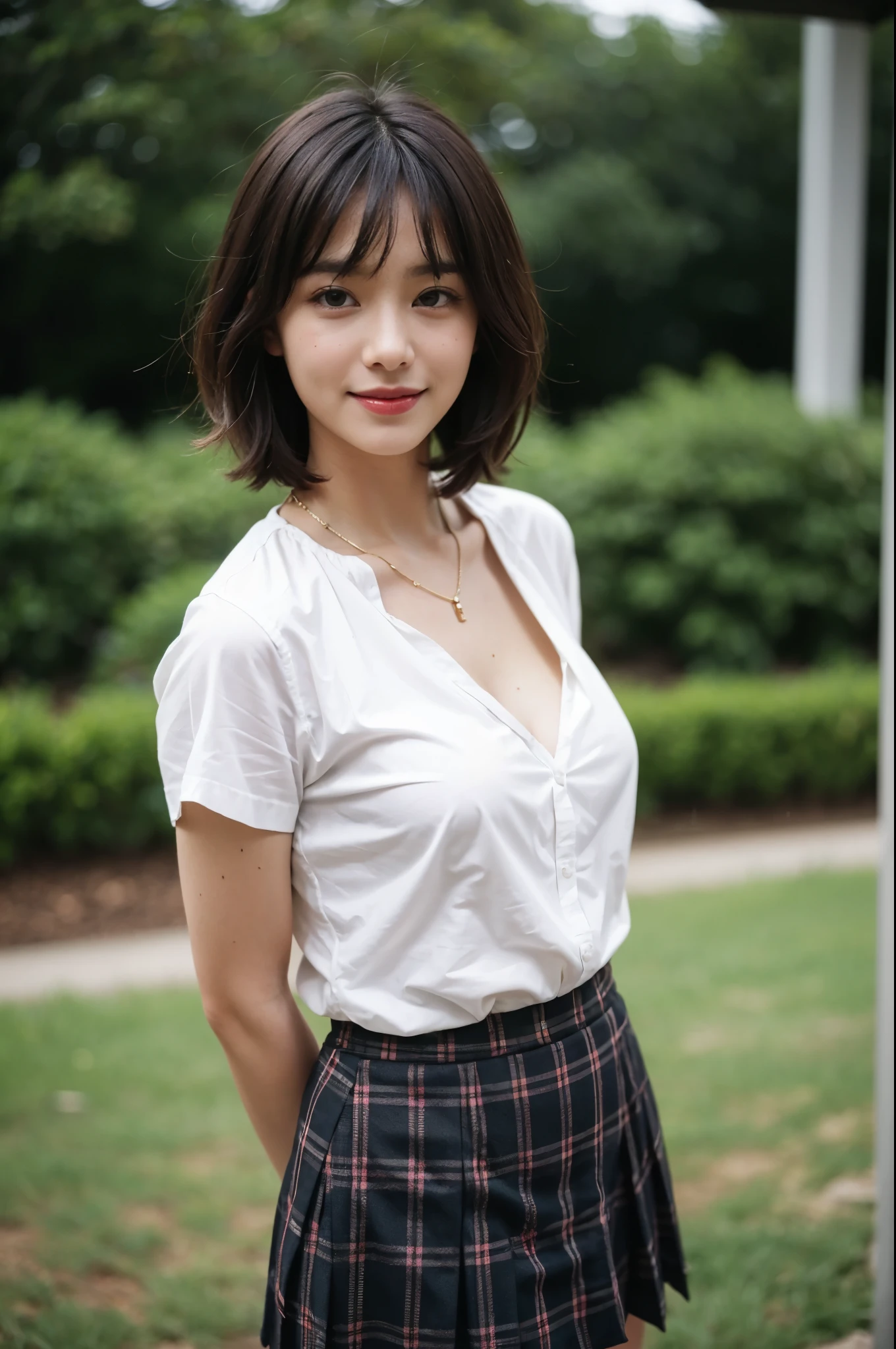 (highest quality, 8k, 32k), masterpiece, 超High resolution, (realistic: 1.4), RAW photo、masterpiece、very delicate and beautiful、light smile、highest quality、Super detailed、High resolution、very detailed、sexy pictures,1girl, big breasts, big breasts, black hair, bangs, long hair,long hair, 19 years old, NSFW, RAW photo, highest quality, masterpiece, 超High resolution, film grain, movie, 1 girl, looking at the viewer, natural skin texture, Realistic eye and face details, full lips, lipstick, (compensate), red eyeshadow, fluffy short hair, messy hair, smile, close your mouth, beautiful foot, tall woman, skinny, slim_foot, alone, cleavage, buttを自分に向けたポーズ, super short skirt, butt, shirt, beautiful natural location, around flowers location, (detailed background), plaid skirt, white shirt, cleavage, Show a little cleavage through the shirt, loafers, blurry background, blurry, holding, plaid, short sleeve, jk ribbon on the neck, jk ribbon, bracelet, water, bangs, jewelry, parted lips, lips, From the side, pleated skirt, (flipping up the skirt by oneself:1.4), (Panties are slightly visible:1.4), I can see white panties, Depth of the bounds written, beautiful fingers, beautiful hands, fingertip, nail, arms behind back,