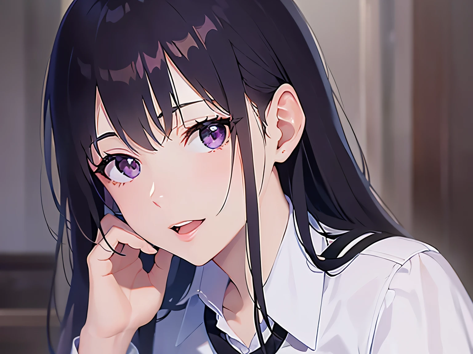 Biologically correct five fingers、hand on own cheek, Upper Body, Realistic, real person, (pale skin: 1.2), RAW photo, photorealistic, portrait photography, shiny skin, japanese idol、shiny hair、(25 year old woman with straight medium hair with bangs) and (black hair) and (purple eyes) , (business suit:1.5) and (white collared shirt) and (long sleeve) 、smile, open mouth, The background is a company conference room、Alone、Are standing