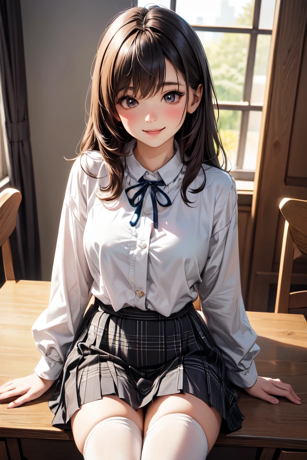 very cute and beautiful girl,(highly detailed beautiful face),white blouse,ribbon,(pleated plaid mini skirt),
skirt lift,(white panties),(smile),blush,looking at viewer,black hair,wooden classroom,
(best quality,masterpiece:1.0),absurdres,highres,ultra-detailed,extremely detailed,32k,8k resolution,
intricate details,cinematic scene,detailed background,solo,dynamic angle,