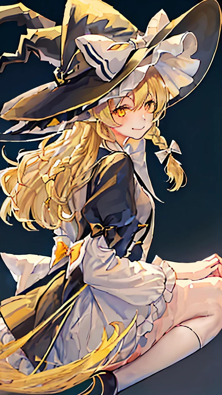 (masterpiece:1.2), highest quality, High resolution, original, (very detailed:1.2), Super detailed, wallpaper, perfect lighting,(very detailed CG:1.2), 8K, anime illustration, 1 girl, alone, EastProject, kirisame_Marisa_East, marisa kirisame, cute, (blonde_hair, length_hair, have, witch_have, bow, yellow_eye, Braid, single_Braid, have_bow, smile, hair_bow, white_bow, front hair, black_hat, smile, made custom, anatomically correct:1.2), back angle, from behind, outdoor, Sunny, Unity 4k