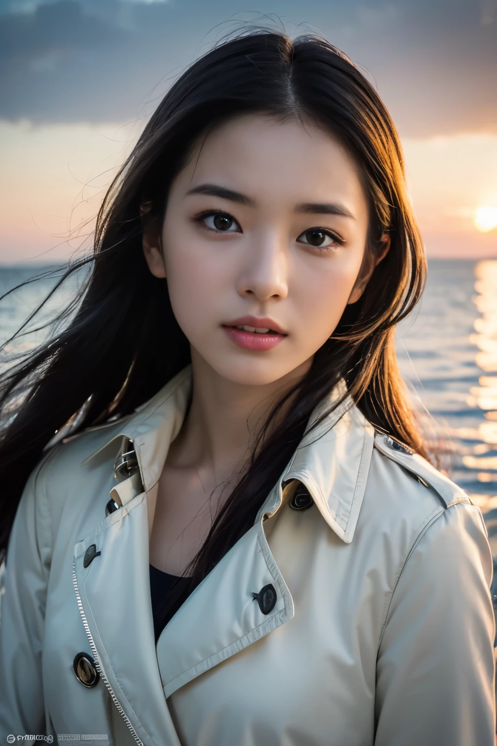 (8K, Raw photo, highest quality, masterpiece:1.3), (realistic, photo-realistic:1.4), (Highly detailed 8K wallpaper), sharp focus, Depth of written boundary,
japanese idol,very cute, baby face,(trench coat:1.3),(long hair and straight hair :1.3), Upper body, highly detailed face and eyes,((shiny skin:1.2)), cinematic lighting, soft light, blur background,( Calm morning seascape with the morning sun reflecting on the water surface, Create a sparkling effect. far away, You can also see small fishing boats.., as you approach the coast, shells are scattered on the sand. The sky is painted in soft shades of pink and orange, some clouds are floating :1.2)