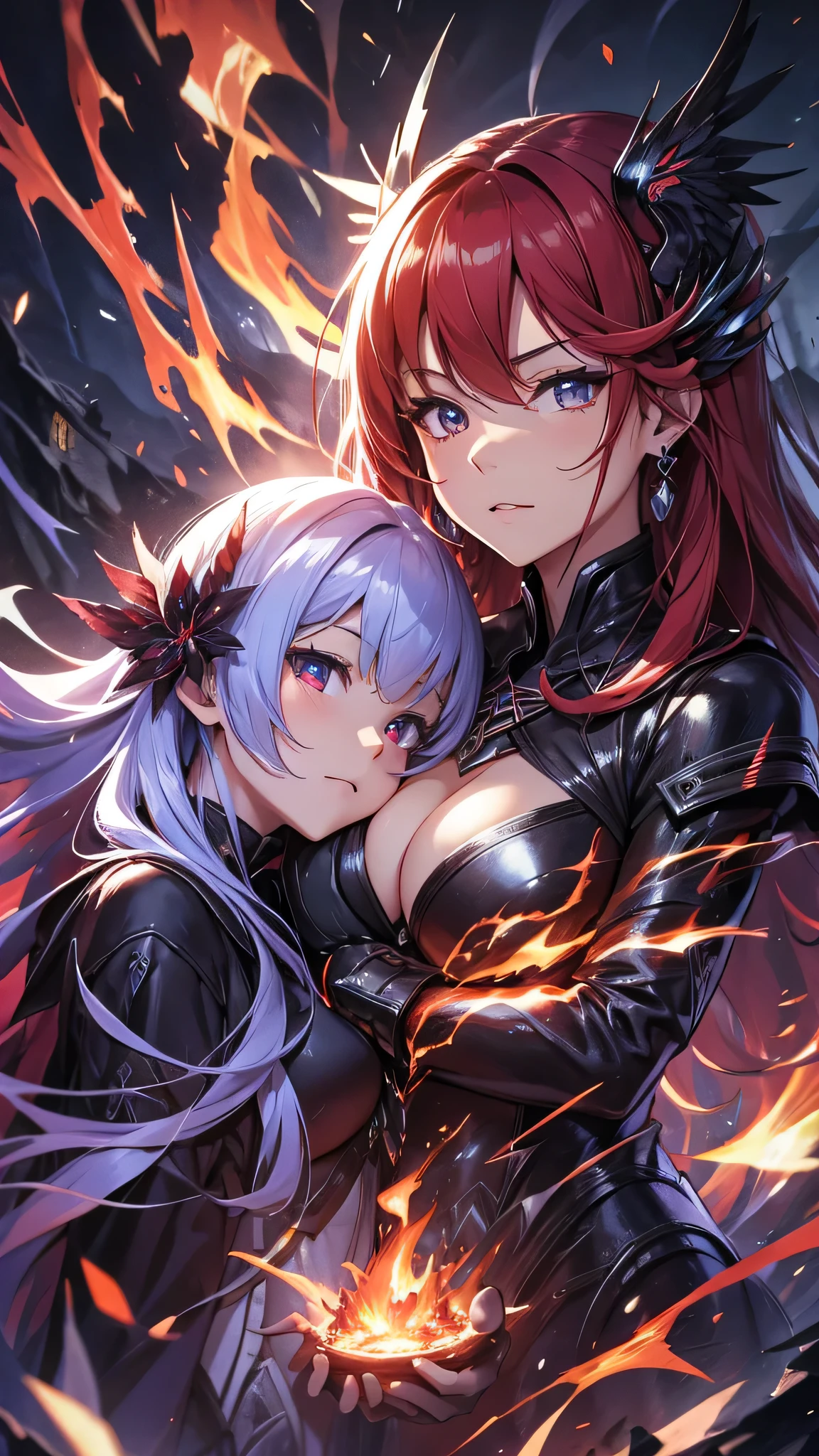 最high quality、best image quality、masterpiece、girl((20-year-old、 By becoming、vest bust、medium bust,wide open breast tea、shining eyes, glowing red hair、long hair、thin,highest valley、black and red suit、Wristband、black gloves、fighting pose、inflammation from the whole body、sharp nails)),high quality、beautiful art、background((inflammation、volcano、magma、eruption、meteorite、bright red sky、firebird))、Flight、debris flies、Depth of written boundary、movie、visual art、perfect art、8K,genuine、