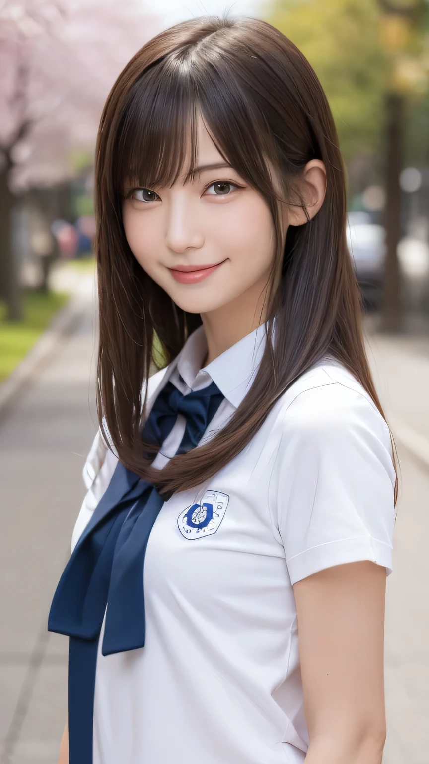 one girl, (a beauty girl, delicate girl:1.3), (:1.3),
break, (spring, cute uniform:1.3),
break, (Street view:1.3), (cherry blossoms fall:1.3), (wool gloves), perfectly trimmed fingers,
break, very fine resolution, (symmetrical eyes:1.3),
break, small breasts, brown eyes, parted bangs, brown hair, girl,
break, (Eye and face details:1.0), (get closer to the face, enlarge the face, face focus:1.0),close up of face,
break, (masterpiece, highest quality, Super detailed, detailed face, 8K),SakuraFubuki,cherry blossom petals,smile,random pose、blue eyes、white gloves,ponytail、SakuraFubuki、gloves、break,look back,smile