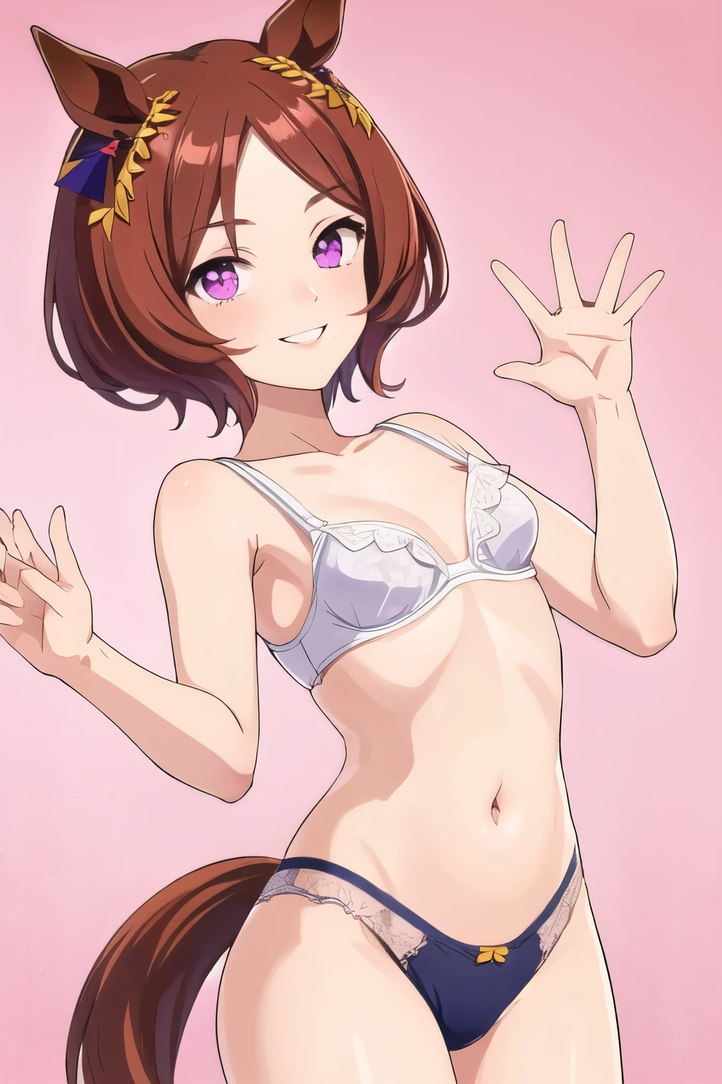 Sakura Laurel\(Umamusume\), super detailed face, masterpiece, highest quality, light smile, wave hands, ((super detailed face)), slender girl, whole body, (((In underwear))),horse tail, light smile, fine and clear eyes, frontage,)(small breasts),bra,panties,((nsfw))