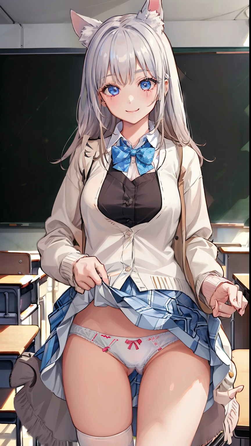 ((1 girl:1.5))、(smile:1.5)、、(cowboy shot)、(fun!!)、(white cardigan:1.5)、(dog ears)、(silver hair)、blush、(long hair)、(eye highlights:1.3)、blake black shoes,(黒いskirt:1.5)、bow, button, shirt with collar, long sleeve, ((red bow tie, ,, white shirt, チェック柄のskirt:1.5、white socks)),, shirt,, skirt, socks, thighs, white shirt, Rest indoors, ((classroom:1.5))、 BREAK while watching the audience、 (perfect hands, perfect anatomy),cowboy shot、(skirtlift:1.3),(highly detailed white panties:1.3)、(highly detailed panties:1.3)、、(skirt that rolls up:1.3)、(fully exposed panties:1.5)、light blue eyes