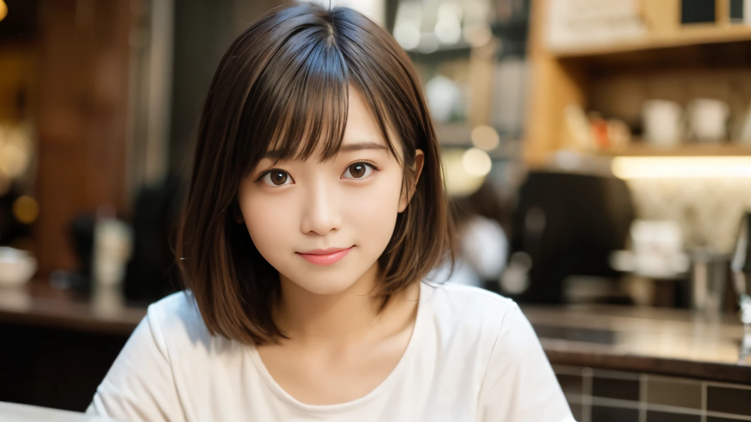 masterpiece, best quality, 8k, disorganized person, (Upper body:1.4), stylish cafe,white shirt, beautiful girl, pretty face, looking at the viewer, smile, super realistic, high resolution, picture, sharp focus, HDR, face light, dynamic lighting, movie lighting, professional shadow, beautiful cafe background, best details, very detailed, Super detailed, finely, real skin, delicate facial features, detailed face and eyes, sharp pupils、real students