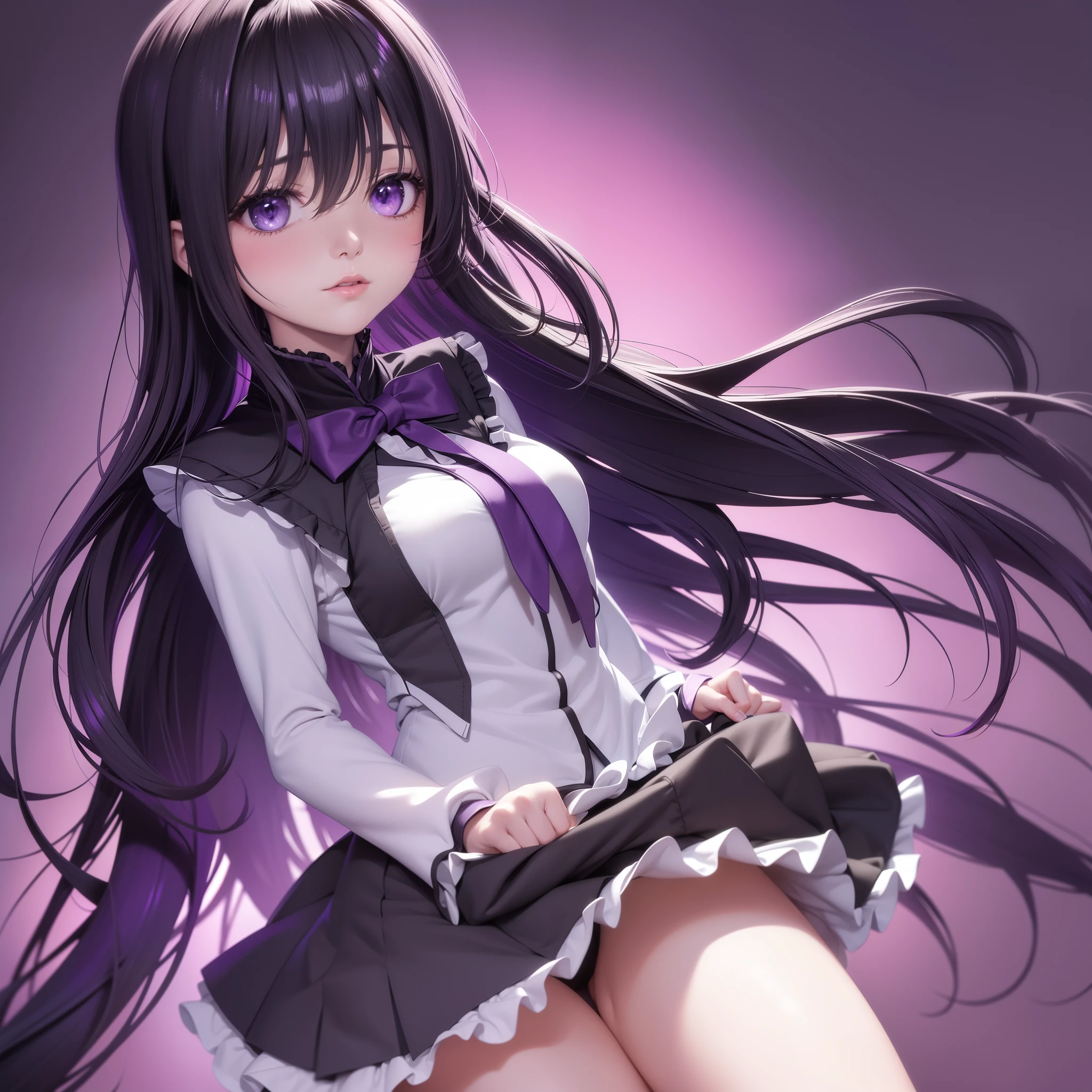 masterpiece, 8k, ultrahighquality, beuatiful, 1girl, Madoka Magica, (Akemi Homura: 1.3), (hair color [balck]), long hair, school girl, face on the camera, strong face, ,
