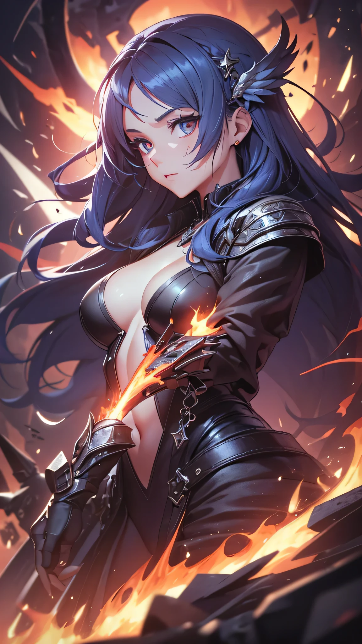最high quality、best image quality、masterpiece、girl((20-year-old、 By becoming、vest bust、medium bust,wide open breast tea、shining eyes, glowing red hair、long hair、thin,highest valley、black and red suit、Wristband、black gloves、fighting pose、inflammation from the whole body、sharp nails)),high quality、beautiful art、background((inflammation、volcano、magma、eruption、meteorite、bright red sky、firebird))、Flight、debris flies、Depth of written boundary、movie、visual art、perfect art、8K,genuine、