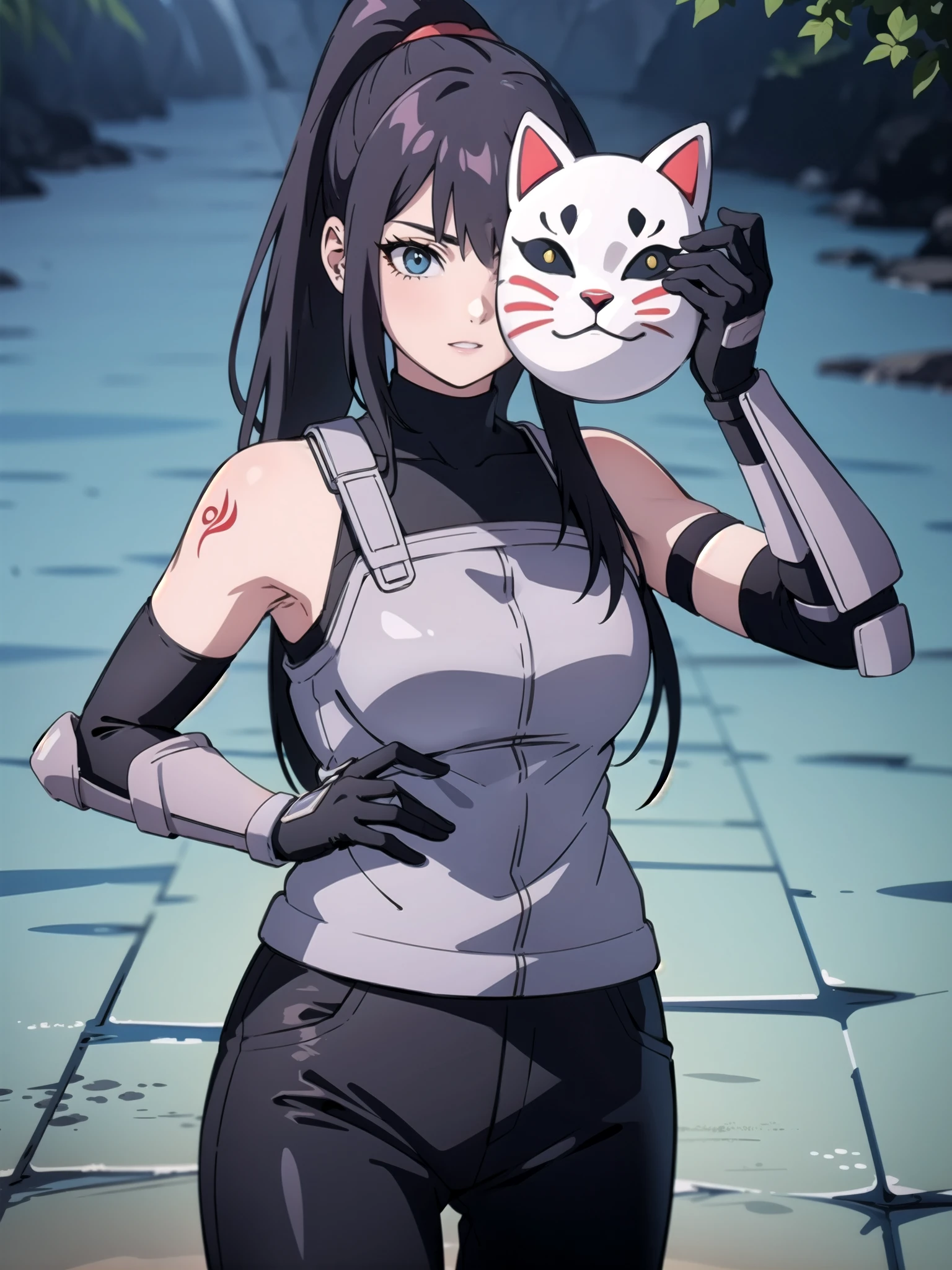 perfect eyes:1.2, detailed eyes:1.4, black hair, ponytail, very long hair, mask on hand, covering face, cat mask, grey armor:1.2, grey arm guards, black elbow gloves, black shirt, sleeveless, turtleneck, black pants, red arm tattoo, 1girl, solo, (masterpiece:1.6, best quality),