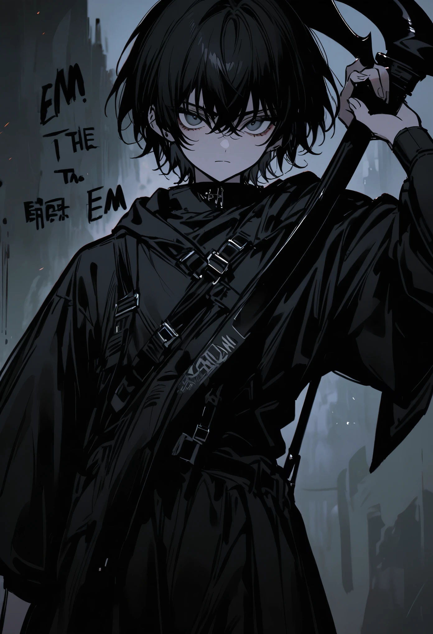 I want to make a male character wearing black clothing, with dark tones, Holding a sickle in the right hand,It says the abbreviation EM.