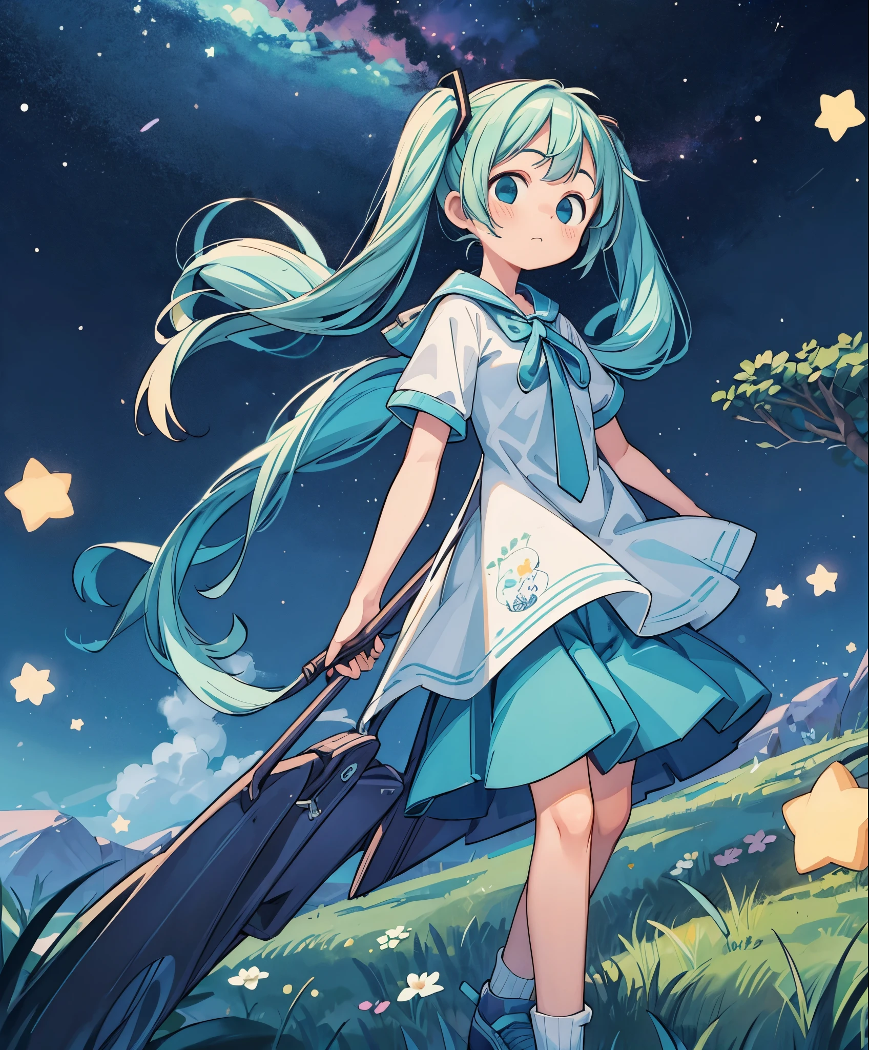 (masterpiece、highest quality、highest quality、official art、美しくbeautiful:1.2)、(1 girl:1.3)Hatsune Miku、twin tails,big breasts,Anime girl wearing white glass , Stand on the Ground,night view ,There are many stars in the night sky,milky way ,anime style, 32k uh, beautiful, Color Manga - AR 3:4 --