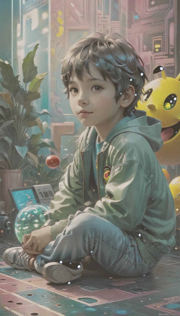 ((masterpiece: 1.5, far shot: 1.5)). (retro boy sitting in his room playing Pac Man atari console: 1.6), (the shot has to be far away so that the child and the Pac Man game on Atari console: 1.5 can be clearly appreciated), sports clothing, (clothes and details with a wide variety of bright color tones, cyan, earth colors, oranges, greens: 1.3)).(perfect composition: 1.4), all highly detailed and realistic with youthful features.., A perfect person, happy, smiling, fun , Her lips are a uniform shade of pink. Includes fun and impressive features. Very realistic eyes. His eyes, face and body are important and must be hyper-realistic. Very detailed and beautiful. In high definition and detail, iridescence and a lot of energy and emotion, enhanced details, Pay special attention to his face and make sure it is beautifully detailed and realistic.... camera: this art is dreamlike and ethereal and the camera should emphasize those characteristics ...Create something strikingly beautiful. Use dynamic composition techniques, ((Imaginative scene)),((perfect, meticulously detailed:1.4)), ((full shot: 1.4, dynamic pose:1.3)), ((Best quality)), ((masterpiece) ), 3d, (Hyper Detailed: 1.3), ((Cityscape: 1.3)), (Photorealistic: 1.4), ((Low Light Night Cinema Lighting: 1.2)).32k.