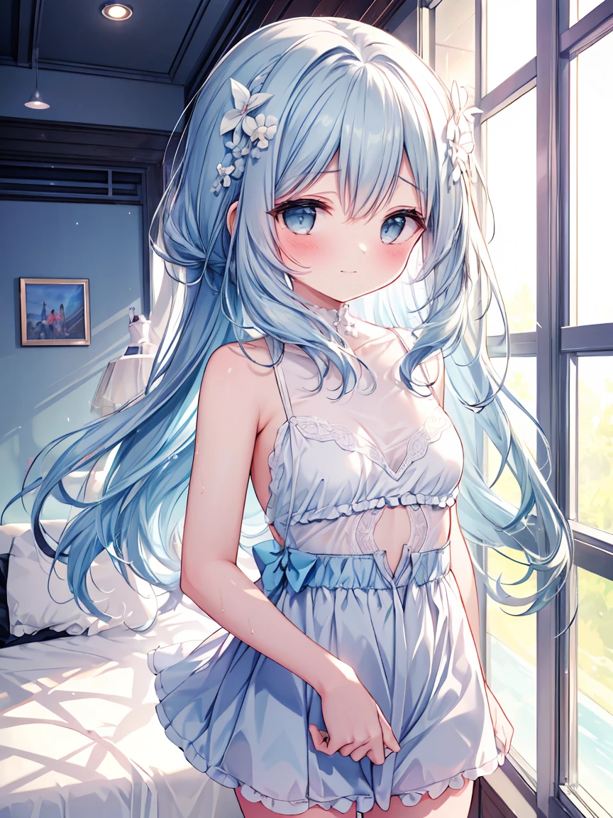 masterpiece, best quality, extremely detailed, (illustration, official art:1.1), 1 girl ,(((( light blue long hair)))), ,(((( light blue long hair)))),light blue hair, , long hair ((blush)) , cute face, big eyes, masterpiece, best quality,(((((a very delicate and beautiful girl))))),Amazing,beautiful detailed eyes,blunt bangs((((little delicate girl)))),tareme(true beautiful:1.2), sense of depth,dynamic angle,,,, affectionate smile, (true beautiful:1.2),,(tiny 1girl model:1.2),)(flat chest) ,the most beautiful woman in the world, with sad expression, sitting on rattan chair and leaning against the window glass, reflection of fireworks light, wearing underwear, foggy filter effect, 2.5D, delicate and dynamic