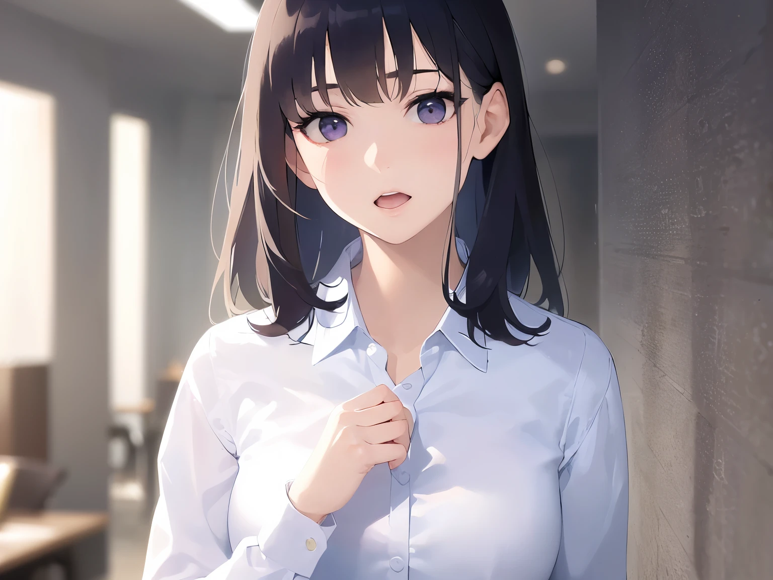 Detailed CG,Ultra-fine illustrations,masterpiece,Highest quality,AW Photo,Realistic,Upper Body,BREAK(business suit:1.5) and(White collared shirt:1.5)BREAK,(Pale skin:1.2),Glossy skin, shiny hair,(A 28-year-old woman with straight hair and bangs)and(Medium Hair)and(Black Hair)and(Purple eyes),(expressionless:1.2),(nose blush:1.4),(open mouth),(The background is in front of the conference room door),alone