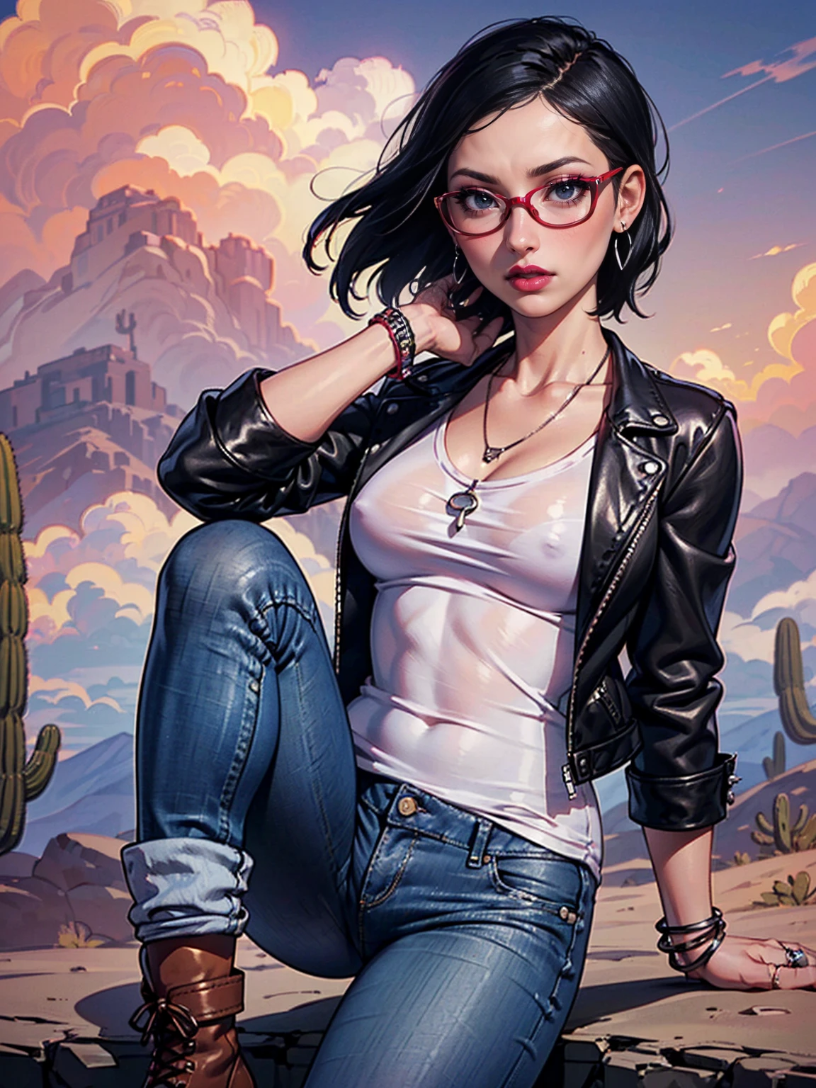 (1girl, solo, alone), (WakatsukiRisa, Sarada Uchiha, short hair, black hair black eyes, red glasses), ((solo, (1woman, pink lipstick), Extremely detailed, ambient soft lighting, 4k, perfect eyes, a perfect face, perfect lighting, a 1girl)),  ((masterpiece), best quality, expressive eyes, perfect face), ((leather jacket, white t-shirt, jeans, punk style), punk girl)), ((clouds, bracelets, rings, earrings, necklace, backgound desert, arizona, grand kenio, clouds, leather boots, aura red, trepidatious aura))