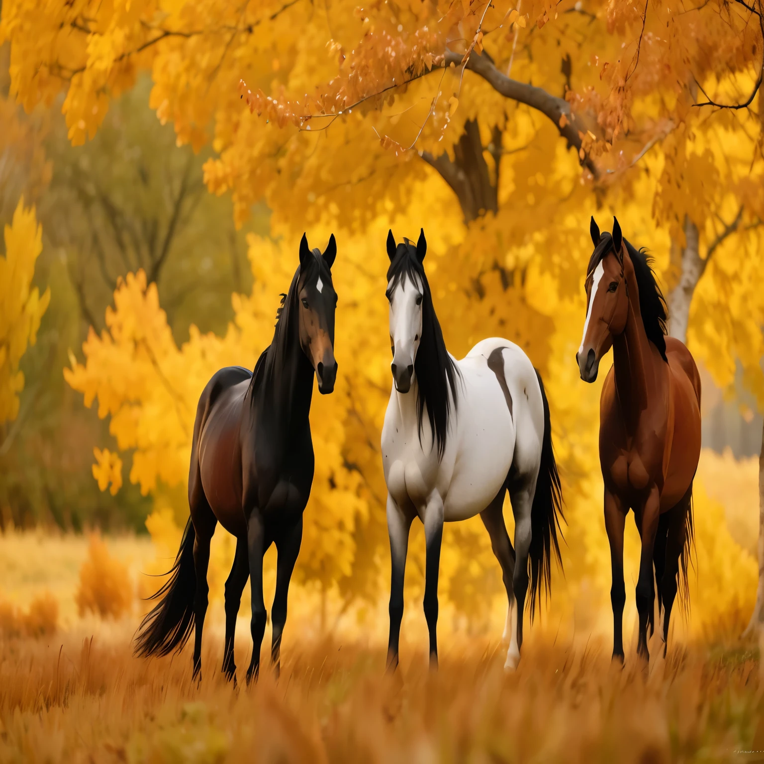 Autumn horses, manes intertwined, narrow ribbon of grassy winds
