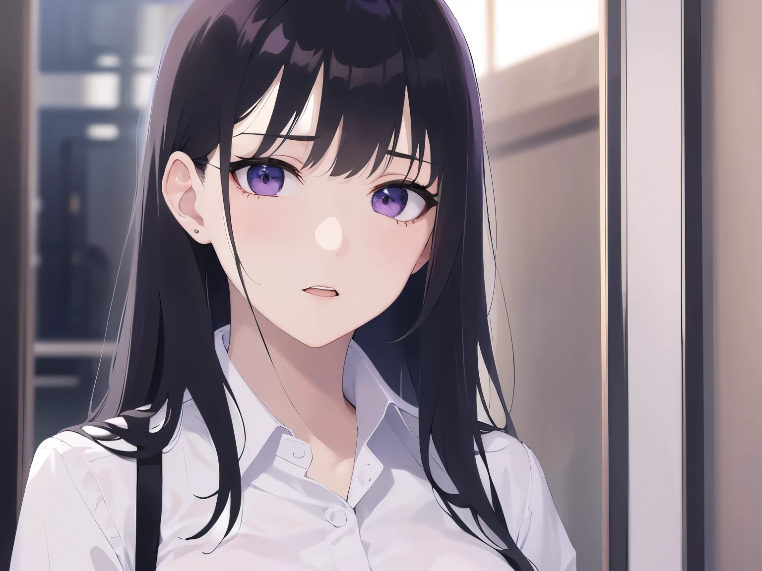 Upper Body, Realistic, real person, (pale skin: 1.2), RAW photo, photorealistic, portrait photography, shiny skin, japanese idol、shiny hair、(25 year old woman with straight medium hair with bangs) and (black hair) and (purple eyes) , (business suit:1.5) and (white collared shirt) and (long sleeve) 、Bad mood, open mouth, The background is a company conference room、Alone、Are standing