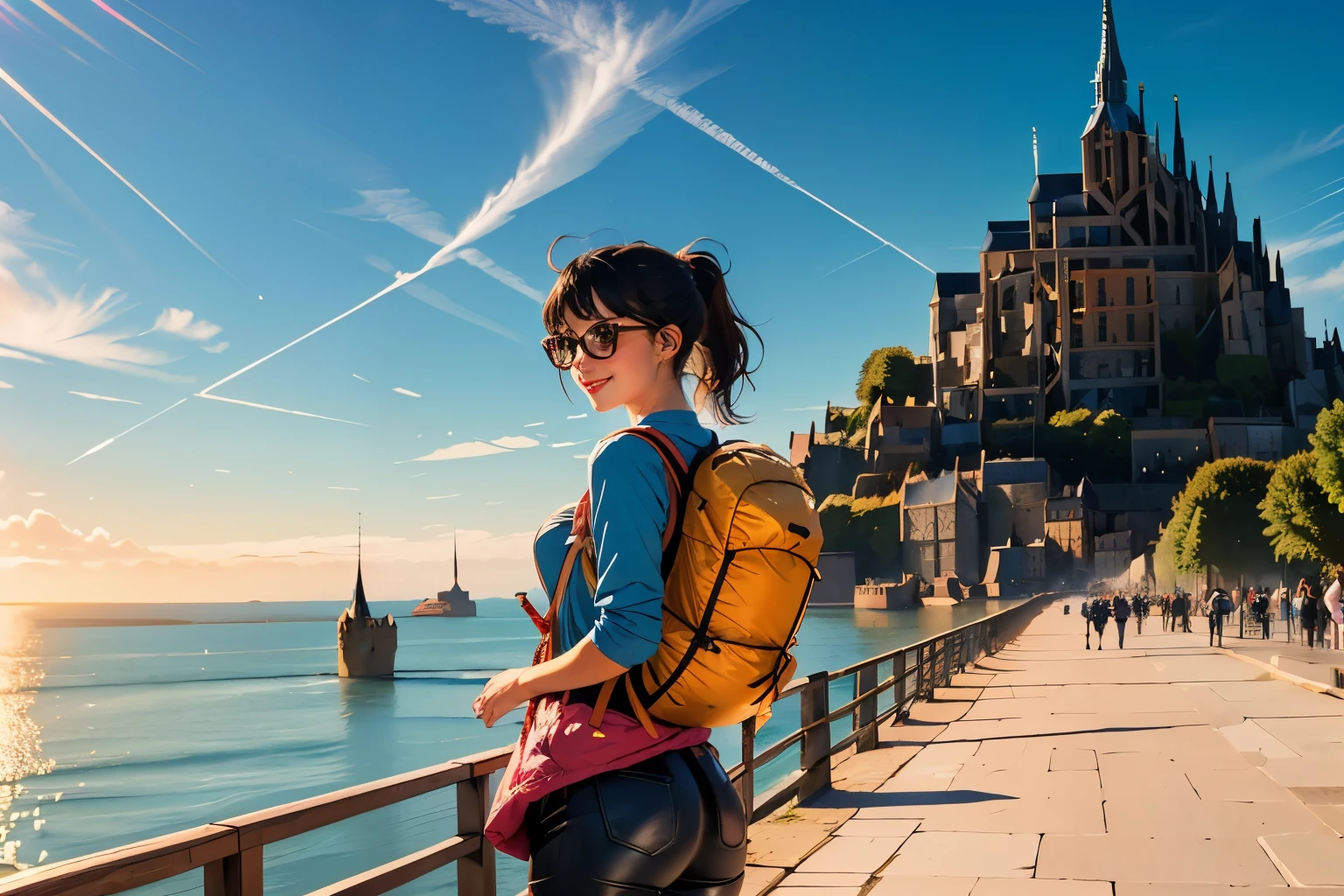((wide angle shot)) beautiful female tourist, black hair, ponytail, bangs, wearing large glasses, smirk, ((wearing a Backpacker style outfit)), morning light, Mont Saint-Michel, Normandy
